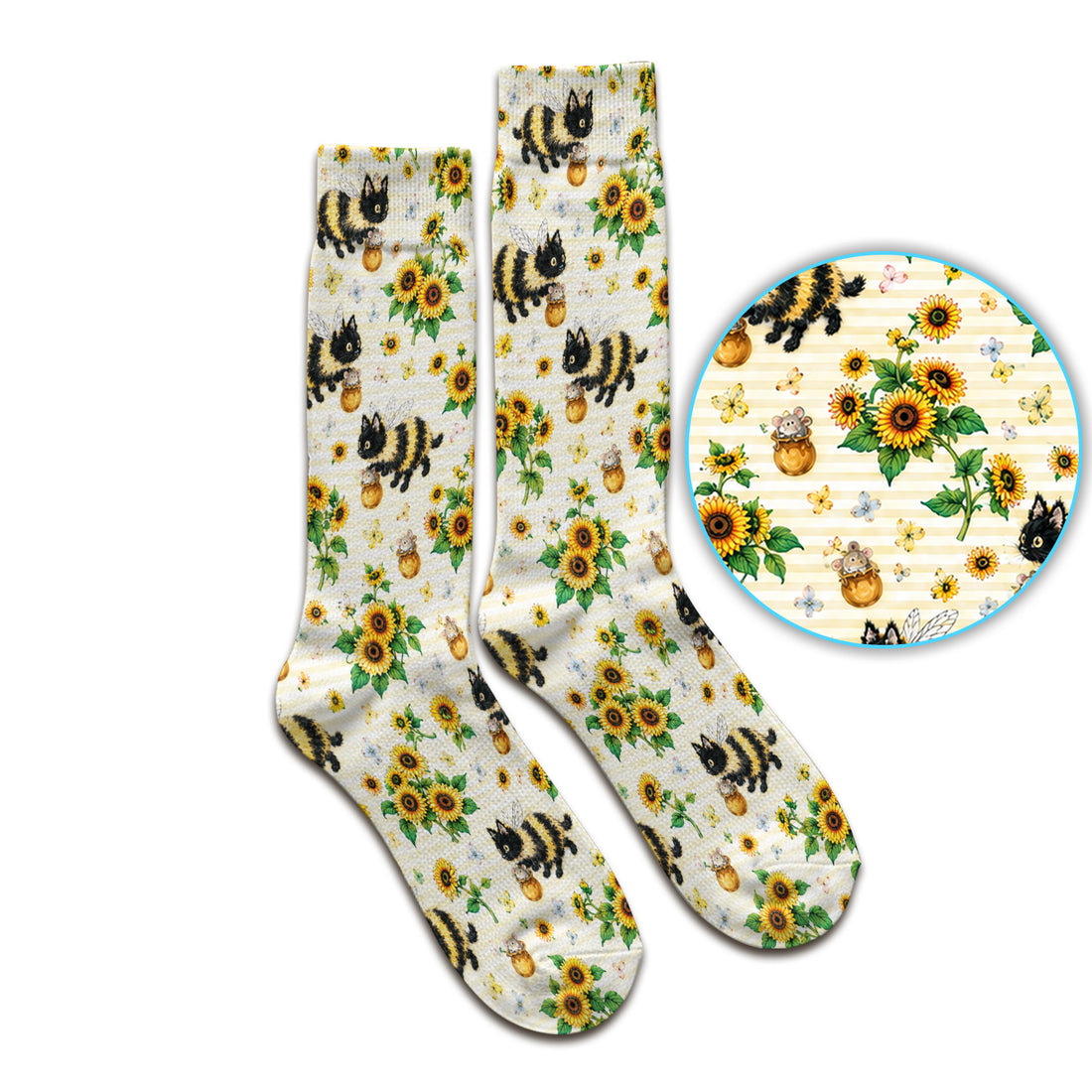 Cute Bumblebee Cat Sunflower Pattern Socks, Adult Socks for Men and Women