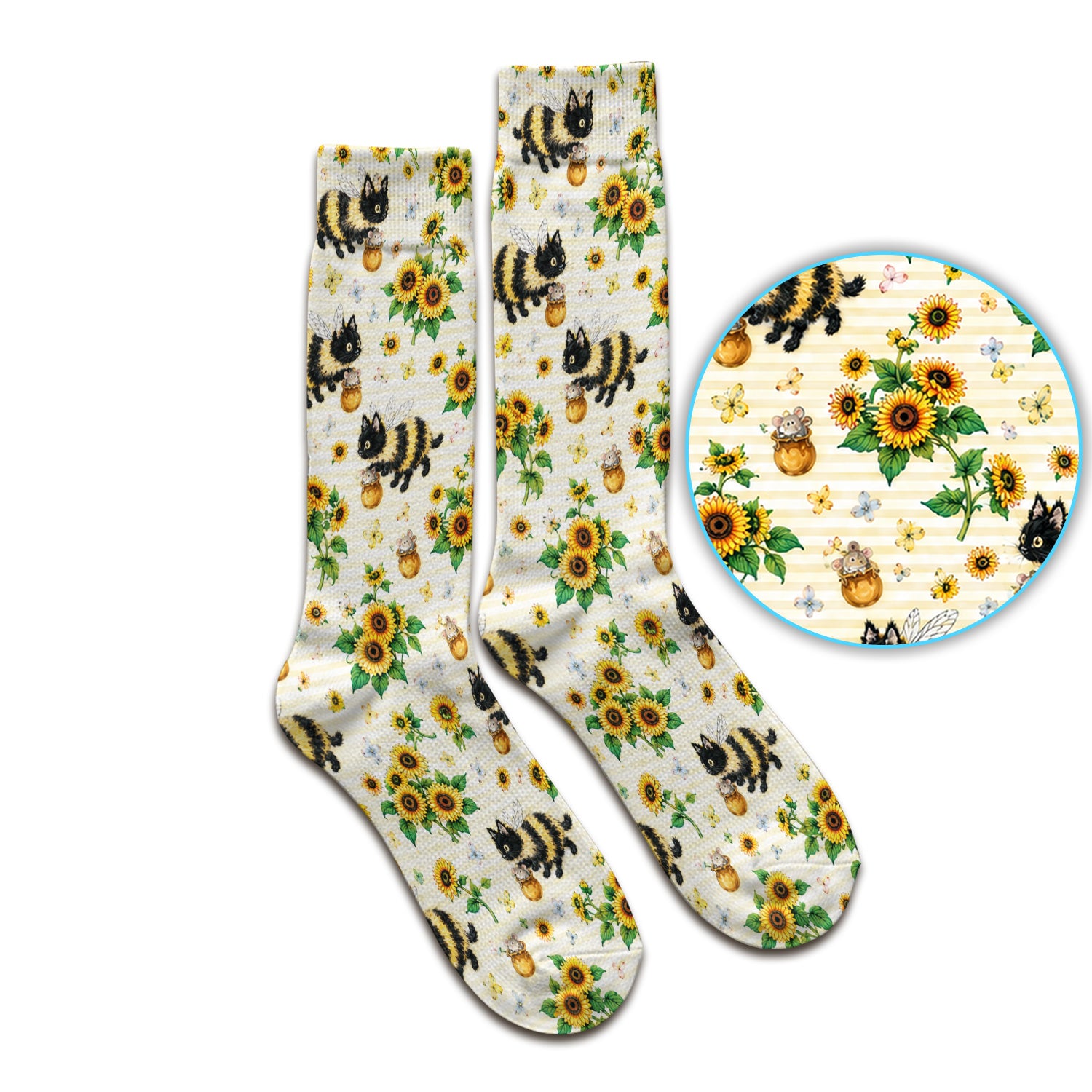 Cute Bumblebee Cat Sunflower Pattern Socks, Adult Socks for Men and Women