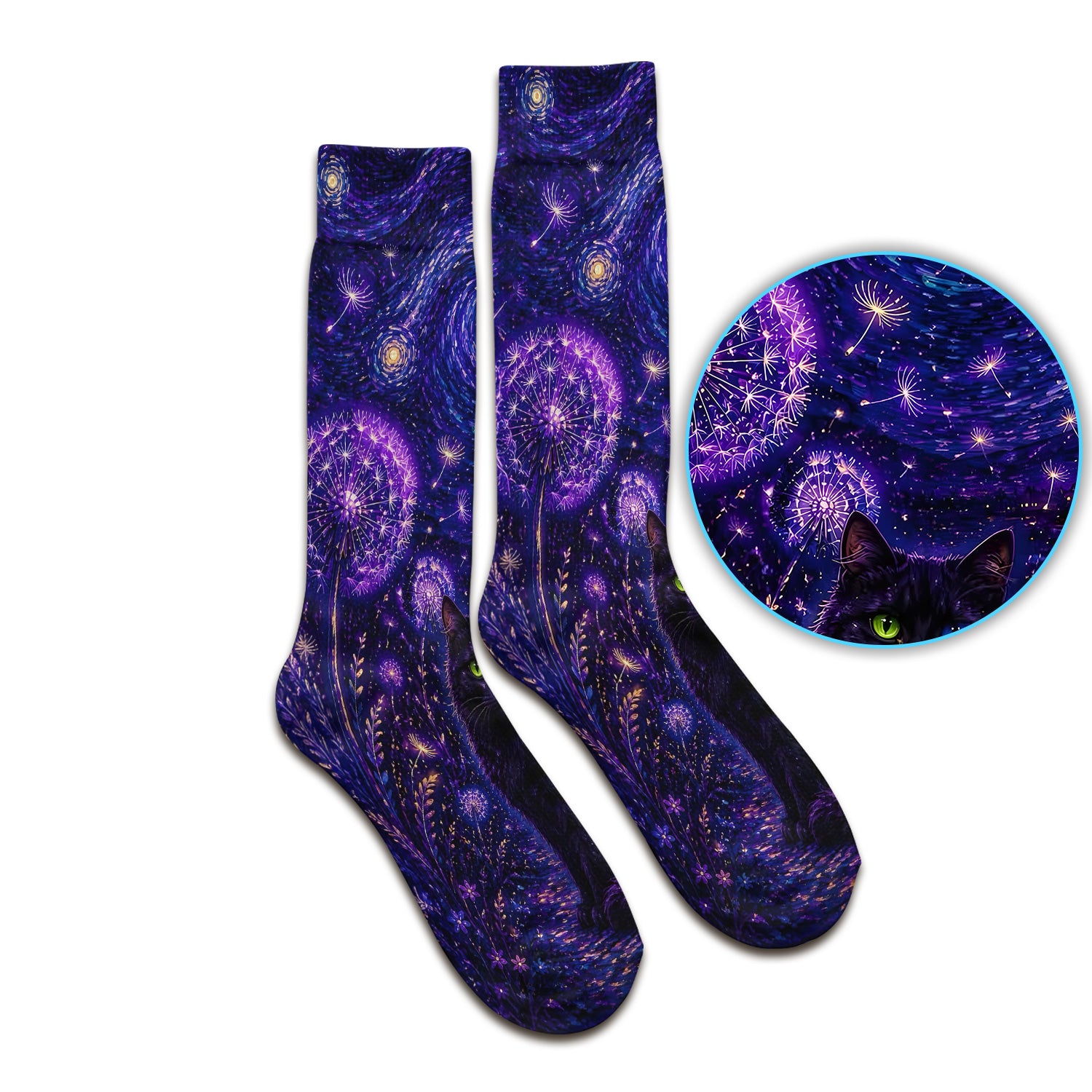 Mystical Black Cat Starry Night Print Socks, Adult Socks for Men and Women