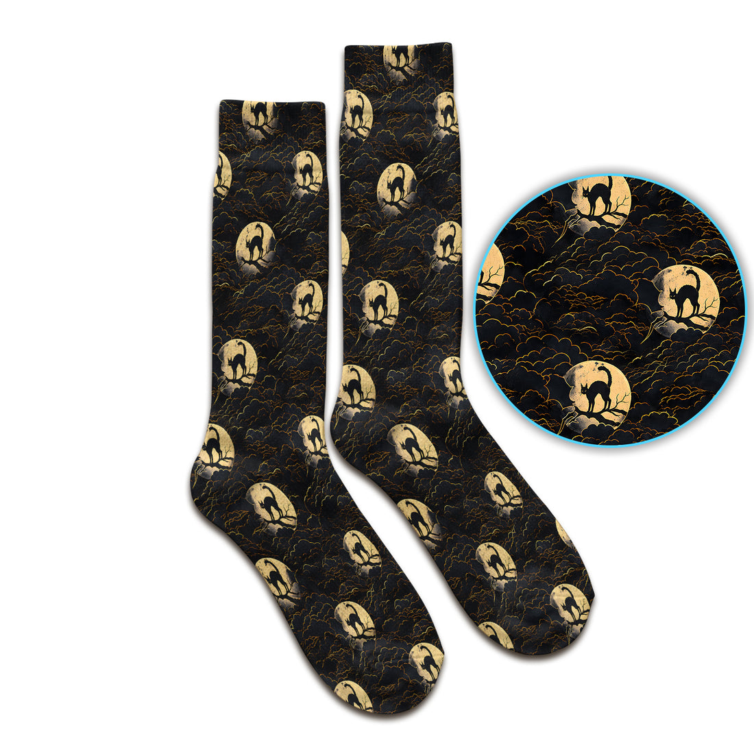 Halloween-Socken mit schwarzer Katze im Mondschein, Socken für Damen und Herren