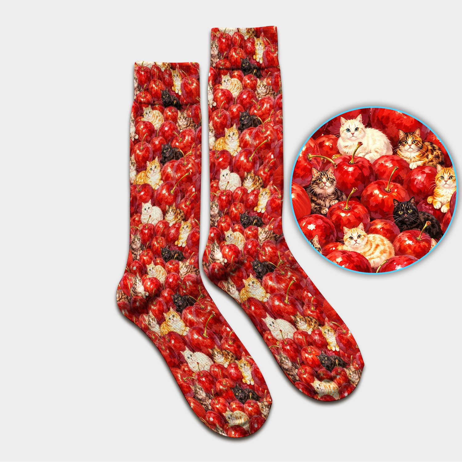 Cute Cat Cherry Pattern Socks, Adult Socks for Men and Women