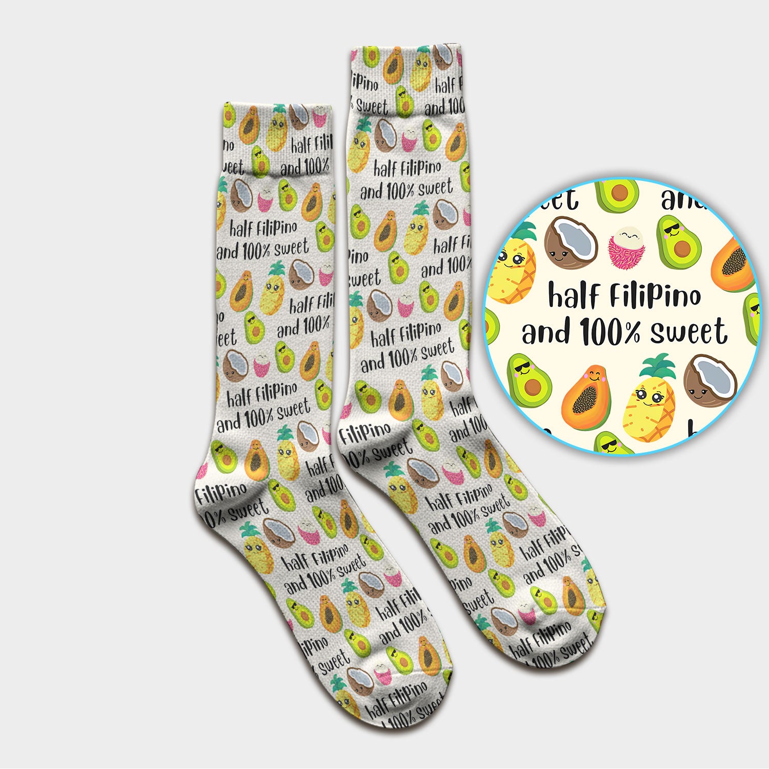 Playful Avocado Fruit Print Filipino Quote Socks, Adult Socks for Men and Women