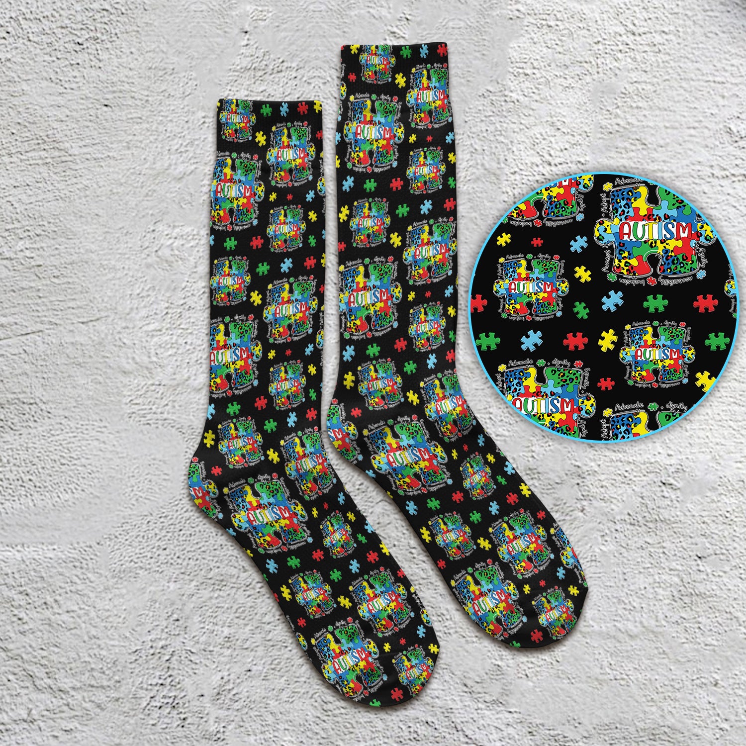 Autism Awareness Puzzle Pattern Print Socks, Adult Socks for Men and Women