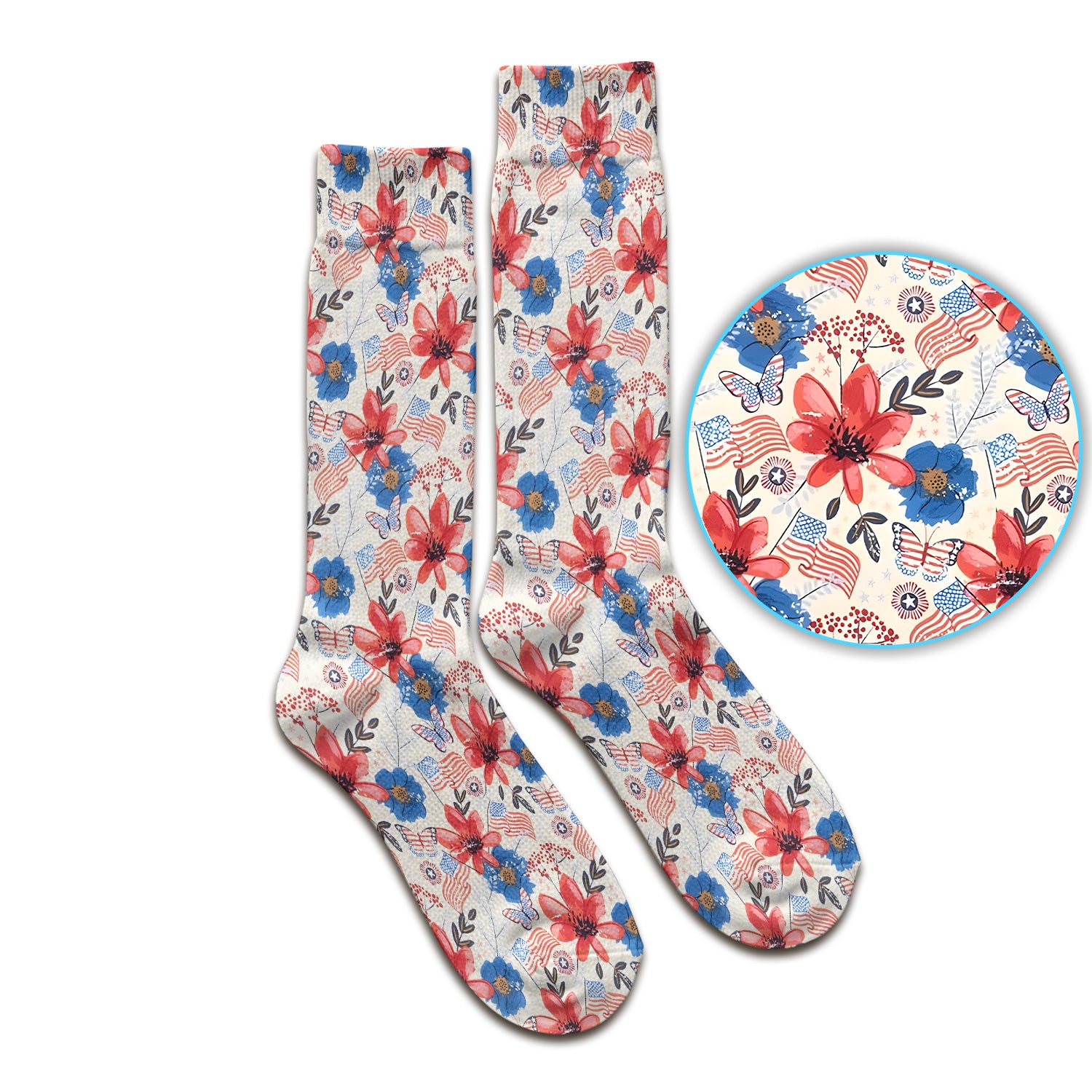 Patriotic Wildflower Flag Butterfly Pattern Socks, Adult Socks for Men and Women