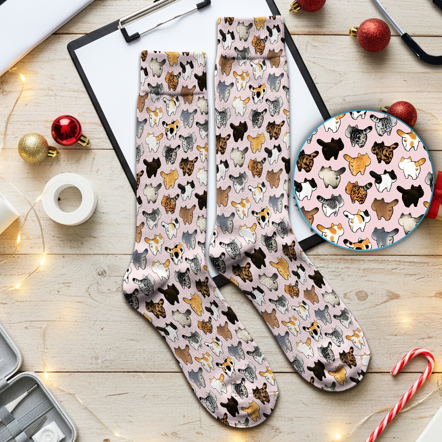 Cat Butt Pattern Medical Scrub Socks, Breathable Fabrics Nursing Uniform