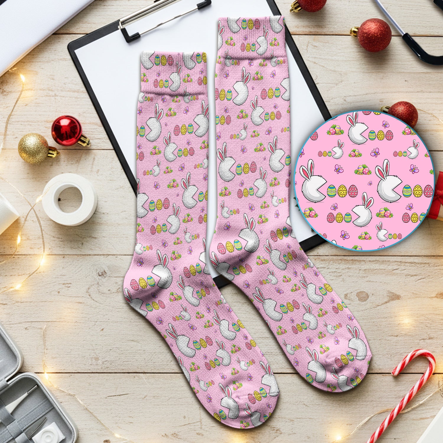 Easter Bunny and Colorful Eggs Print Socks, Breathable Fabrics Medical Uniform