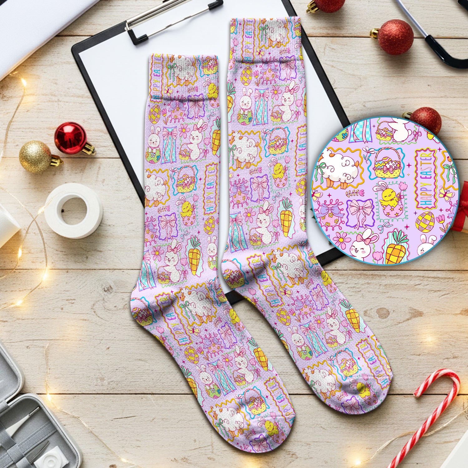 Cute Easter Bunny Egg and Bow Print Socks, Breathable Fabrics Medical Uniform