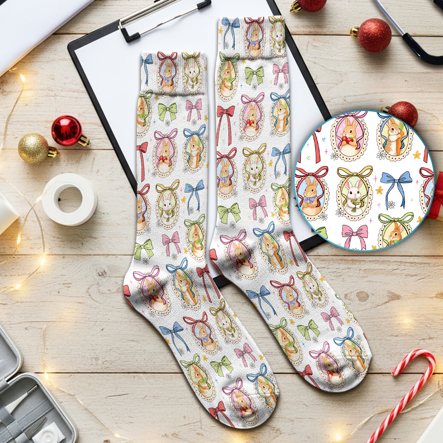 Cute Easter Bunny Cameo Colorful Bow Patternl Socks, Socks for Nurse Doctor
