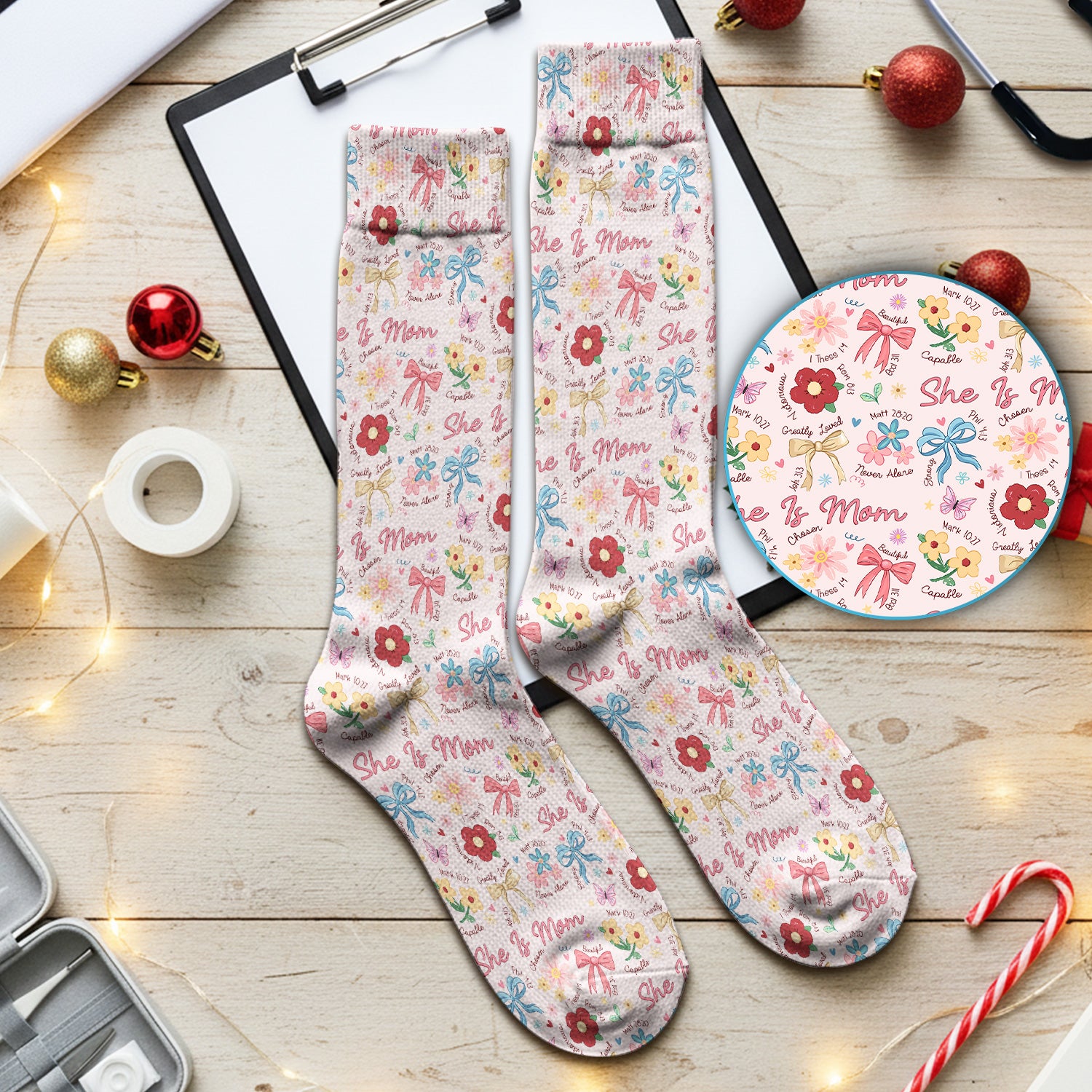 She Is Mom Floral Bow Pattern Socks, Breathable Fabrics Medical Uniform