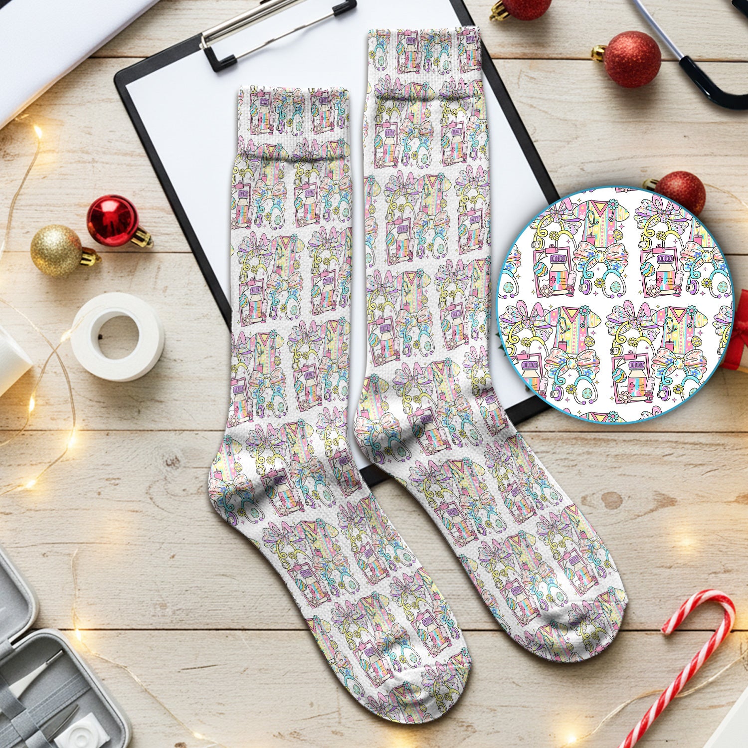 Colorful Nurse Scrub Supplies Pattern Socks, Adult Socks for Men and Women