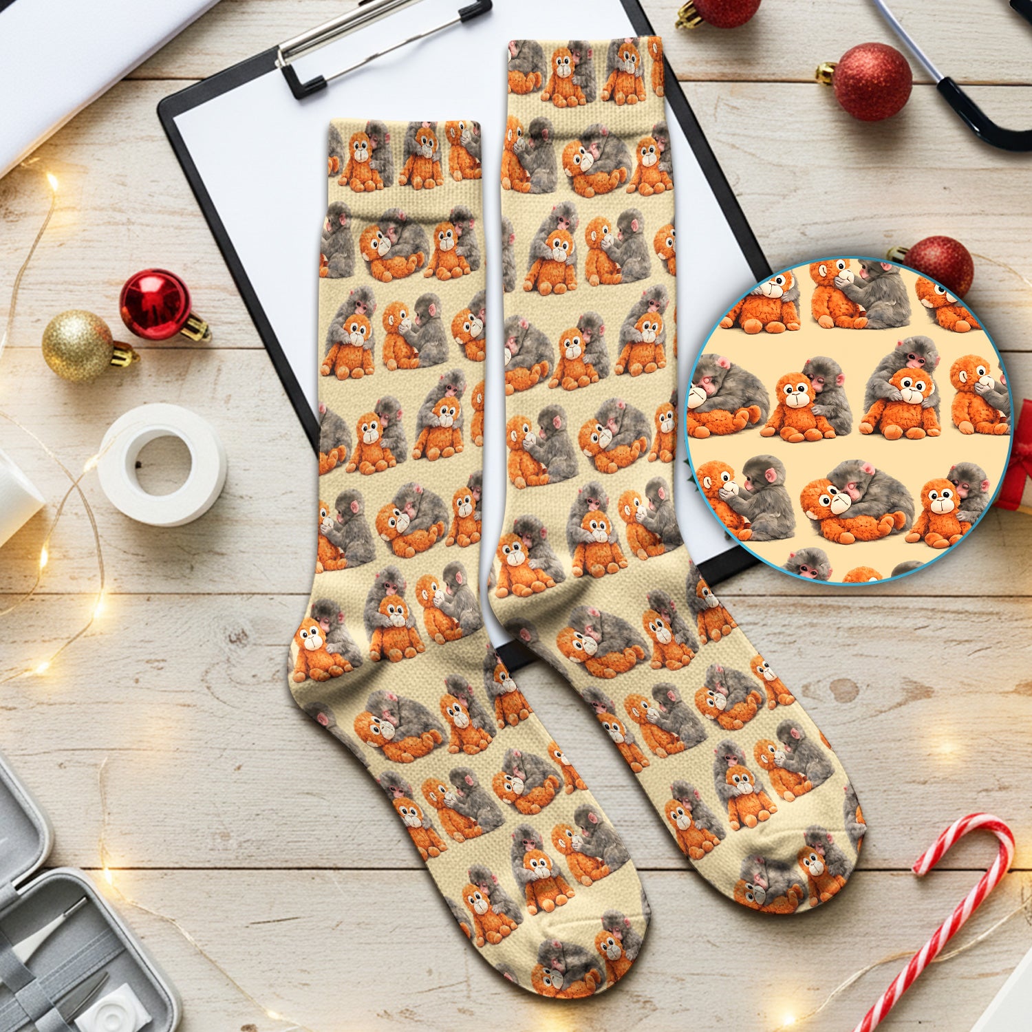 Cute Baby Monkey Plush Toy Animal Pattern Socks, Socks for Nurse Doctor