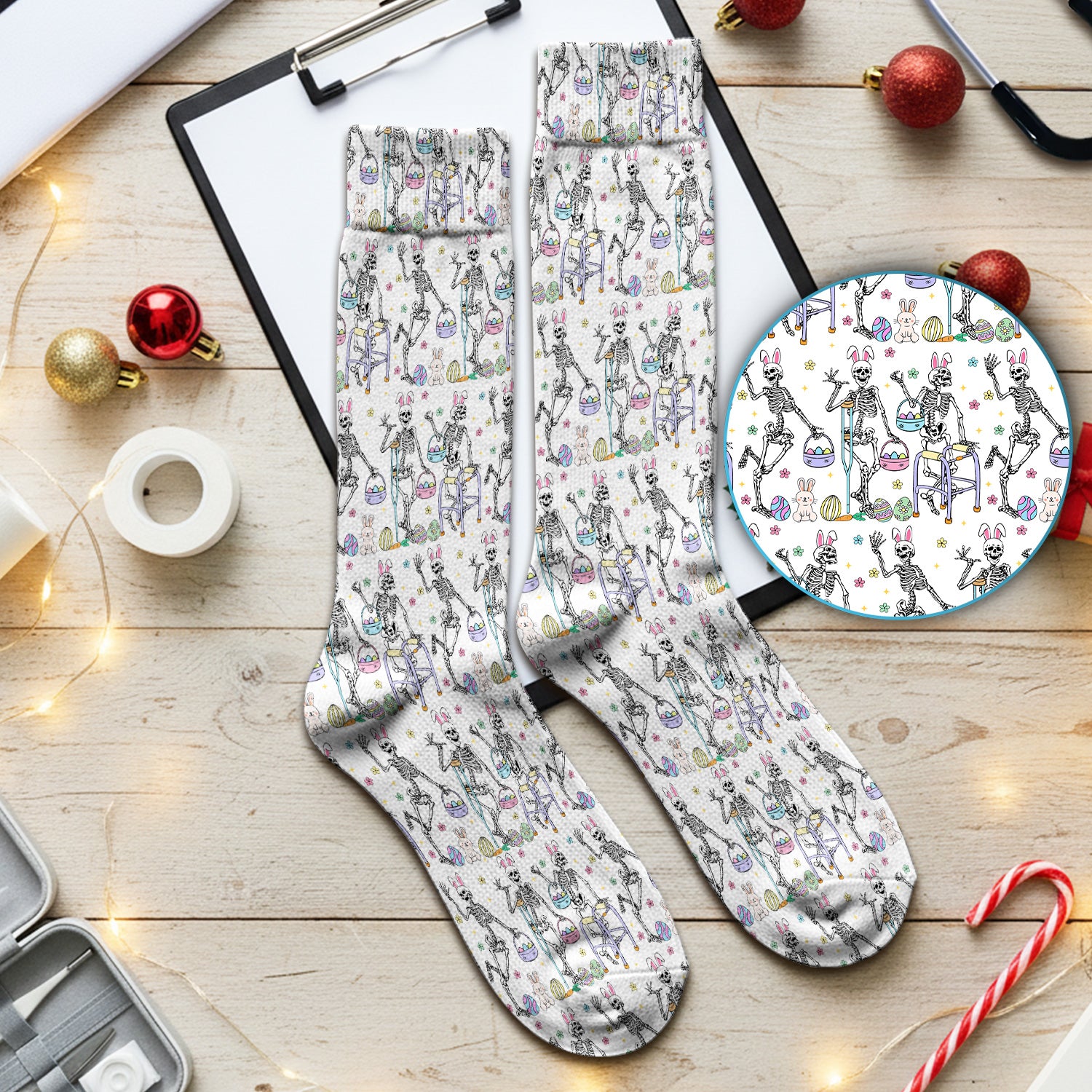 Fun Skeleton Bunny Easter Print Socks, Breathable Fabrics Medical Uniform