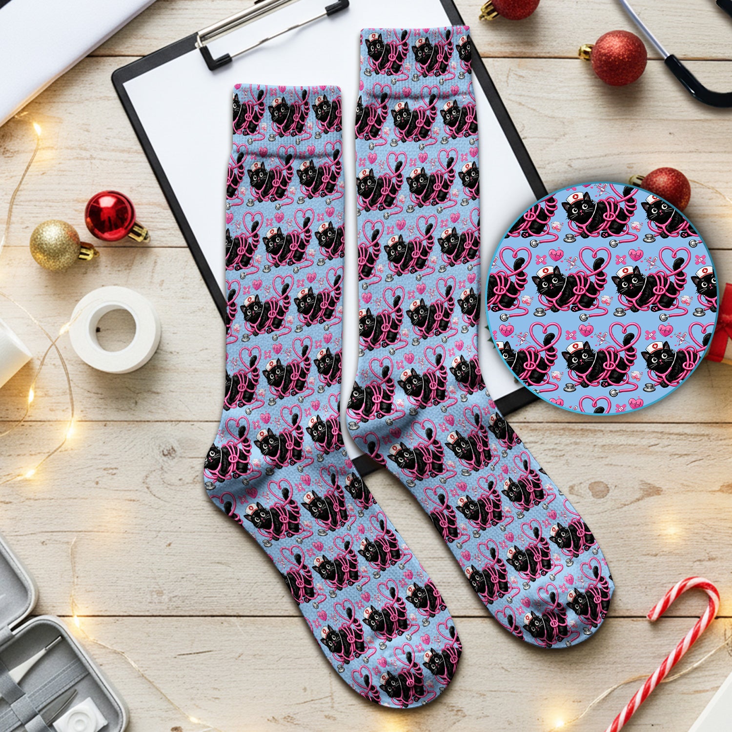 Valentine Cute Cat Nurse Heart Print Medical Socks, Adult Socks for Men and Women