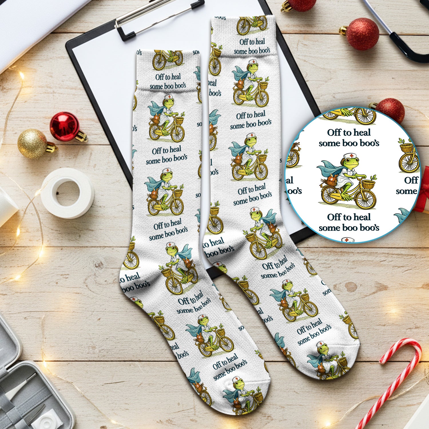 Funny Frog Nurse Cycling Pattern Socks, Breathable Fabrics Medical Uniform