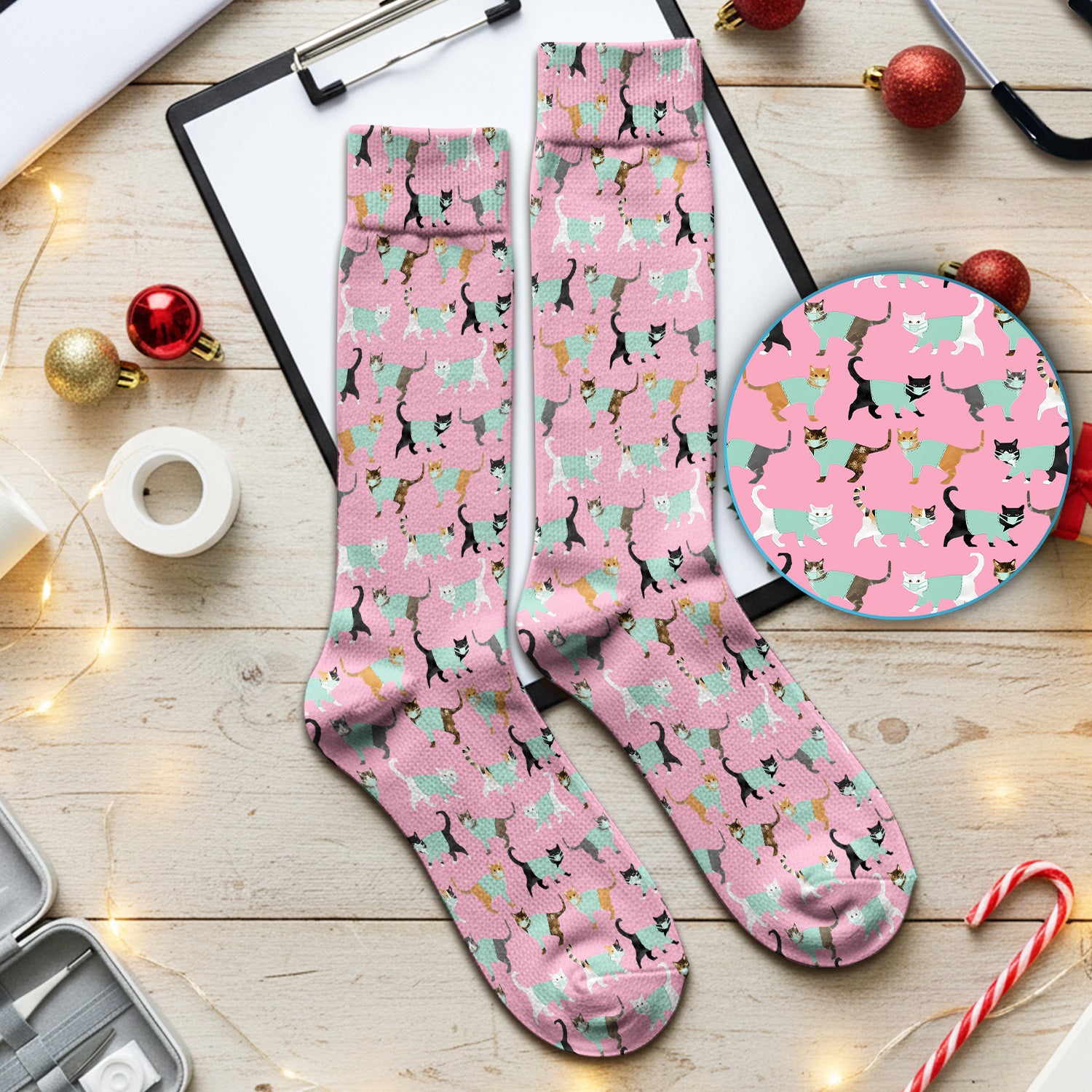 Playful Cat Nurse All Over Print Socks, Breathable Fabrics Medical Uniform