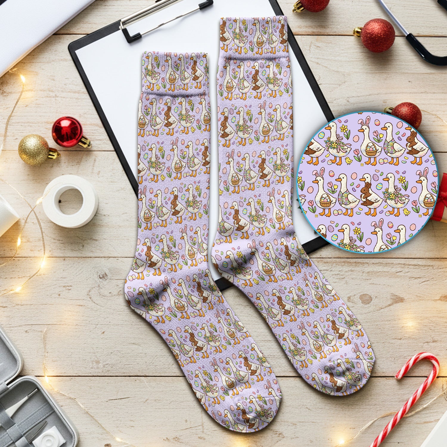 Easter Theme Duck and Bunny Egg Floral Print Socks, Breathable Fabrics Medical Uniform