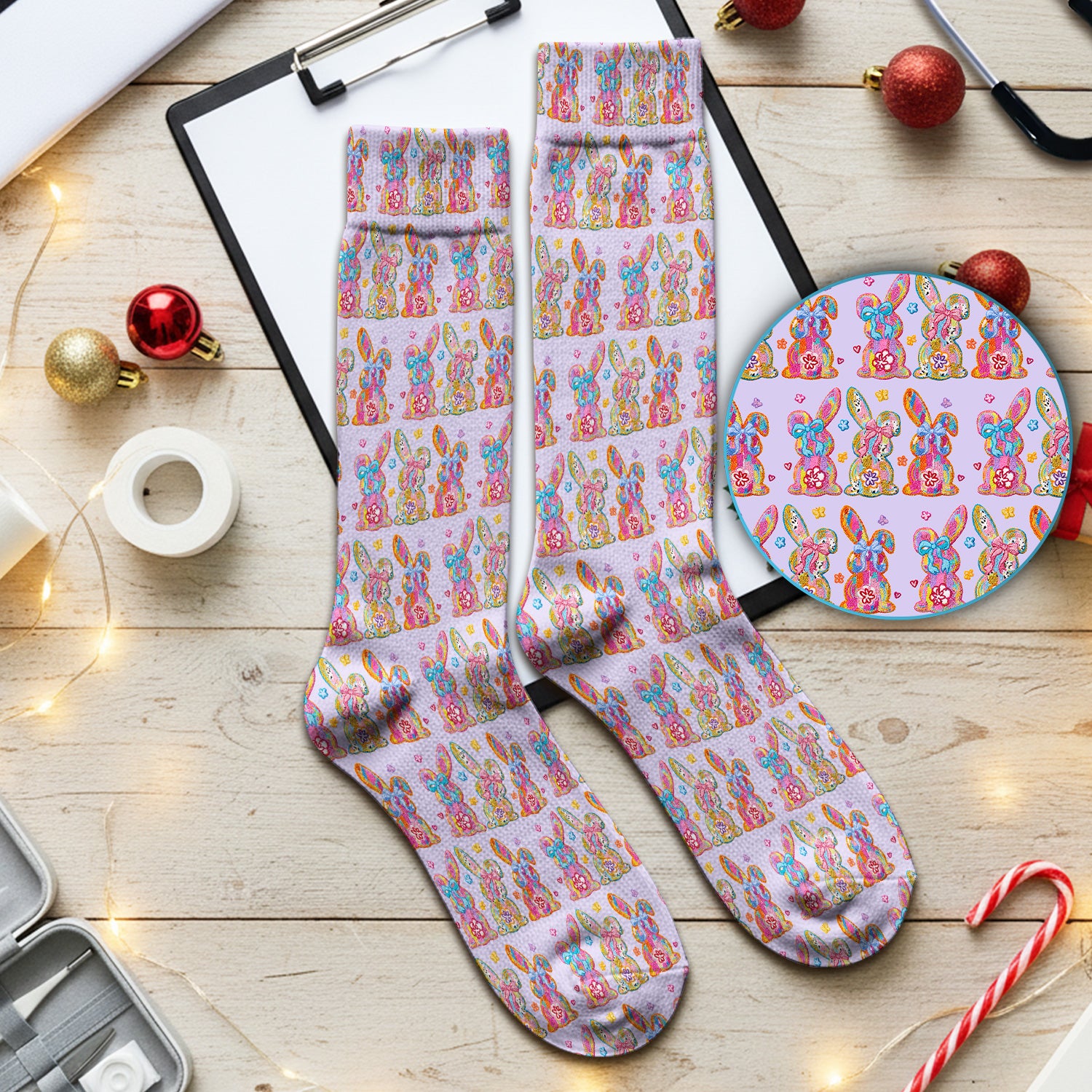 Cute Pastel Bunny Floral Patternt Socks, Breathable Fabrics Medical Uniform