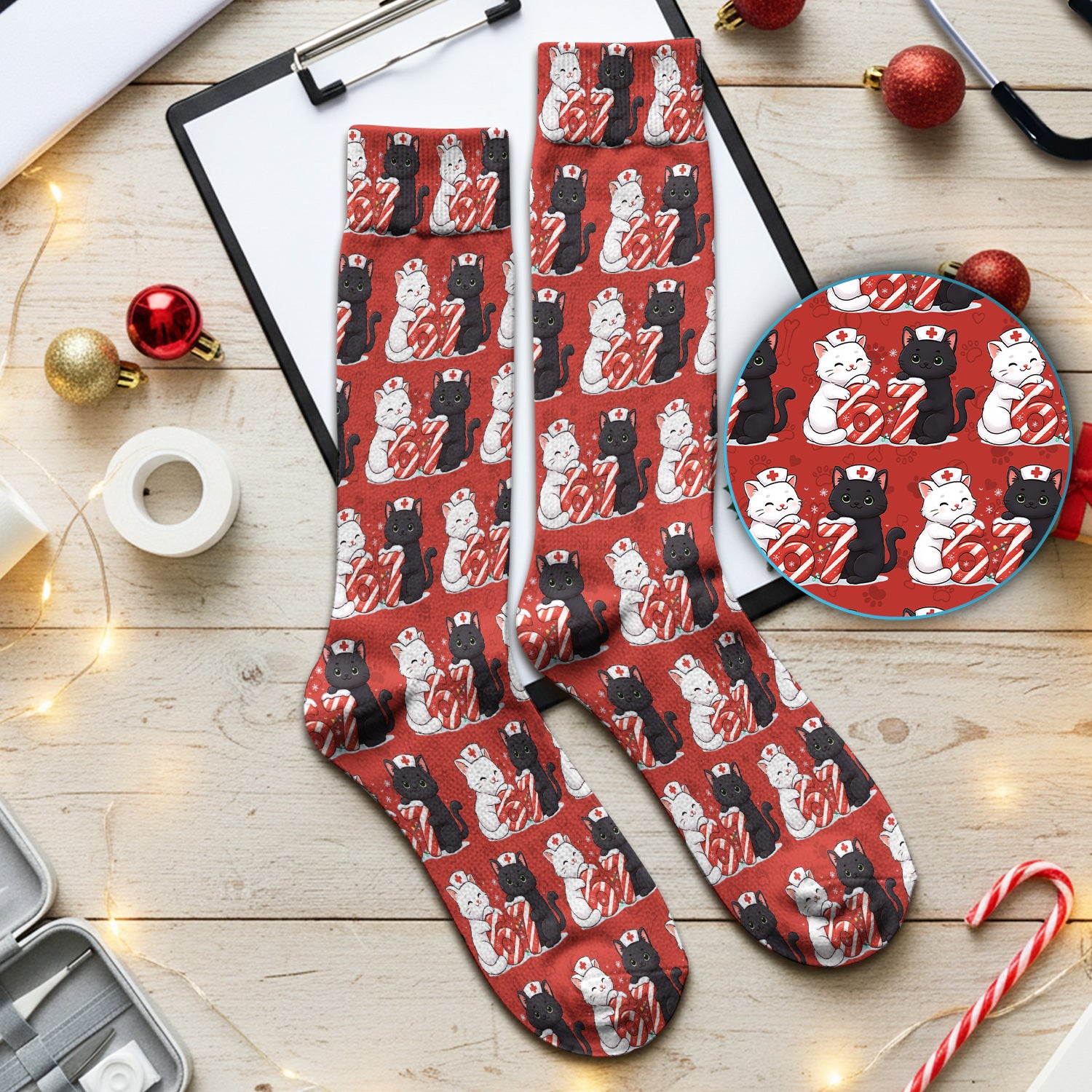 Xmas Cat Pattern Scrub Socks, Christmas Nurse Six Seven With Cat Scrub Sock, Breathable Fabrics Nursing Uniform