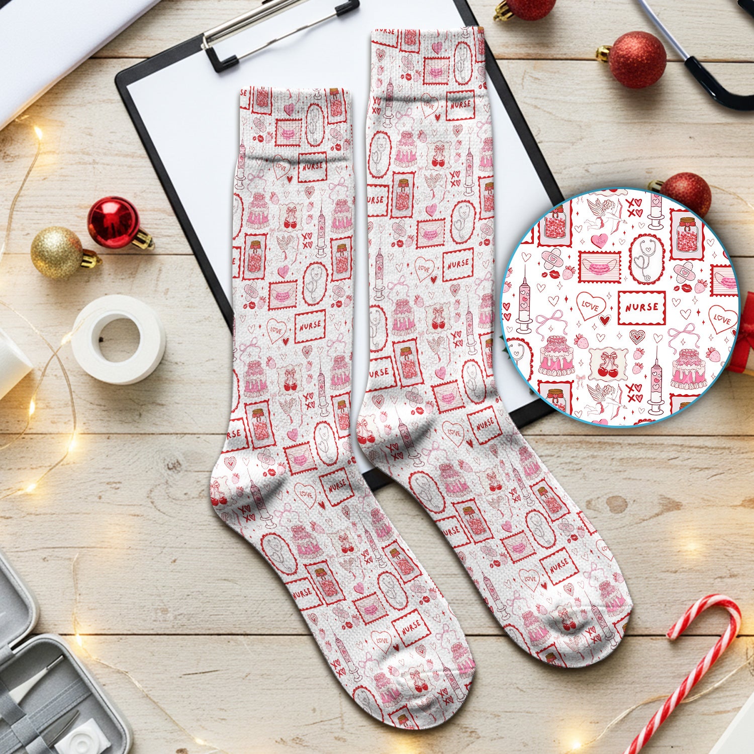 Nurse Icons Hearts Syringes Valentine Socks, Breathable Medical Uniform