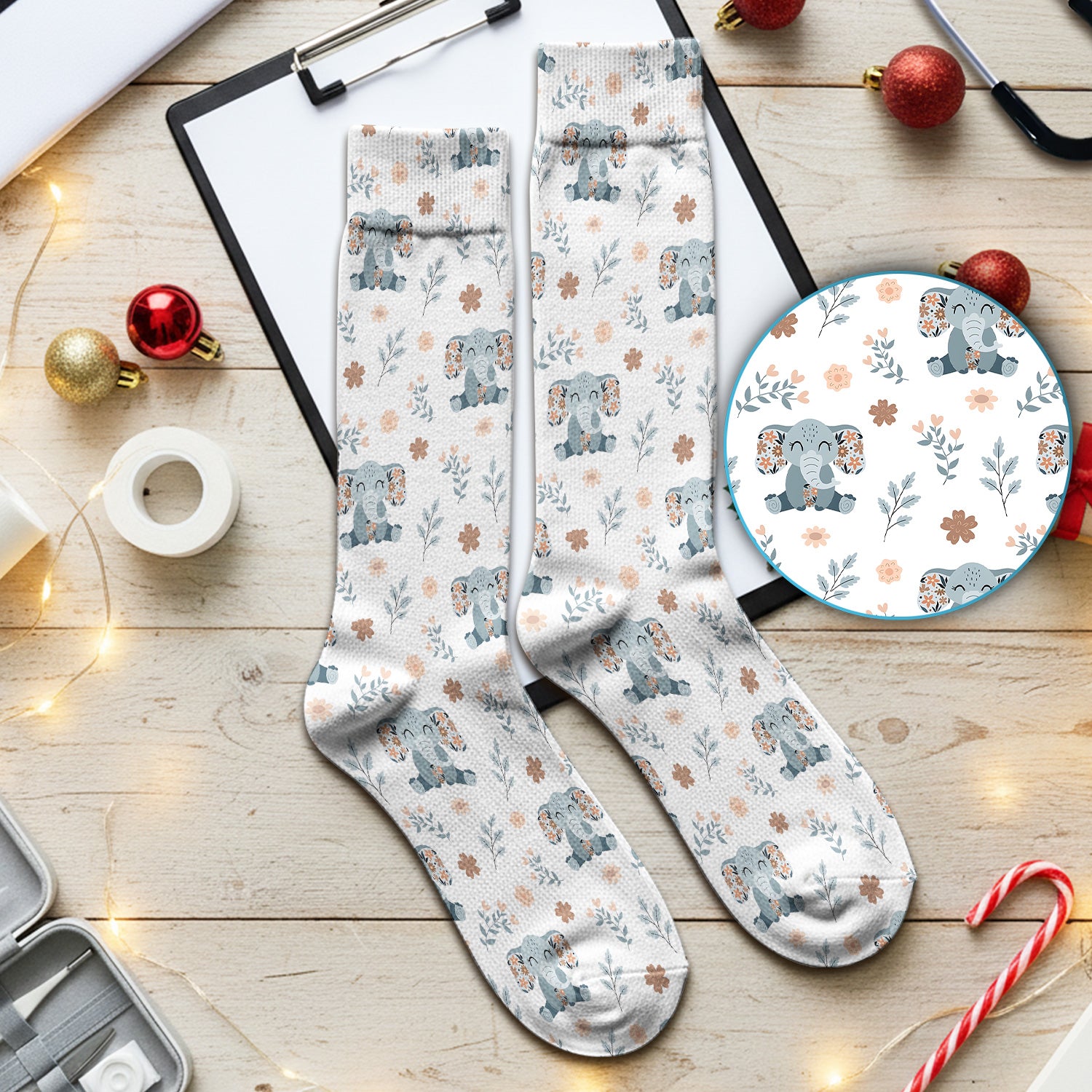 Cute Elephant Floral Medical Socks, Breathable Fabrics Medical Uniform
