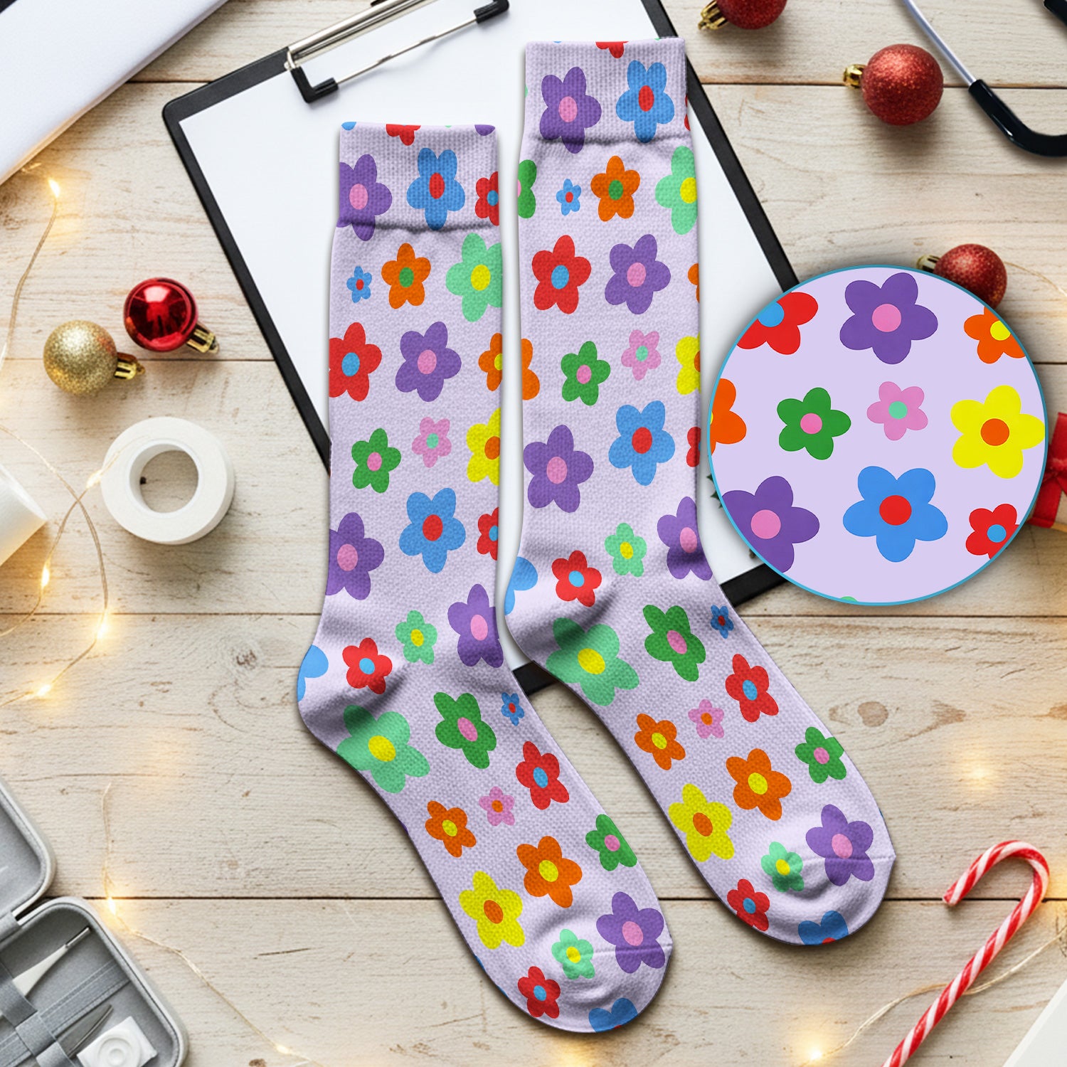 Colorful Retro Flower Pattern Print Socks, Breathable Fabrics Medical Uniform