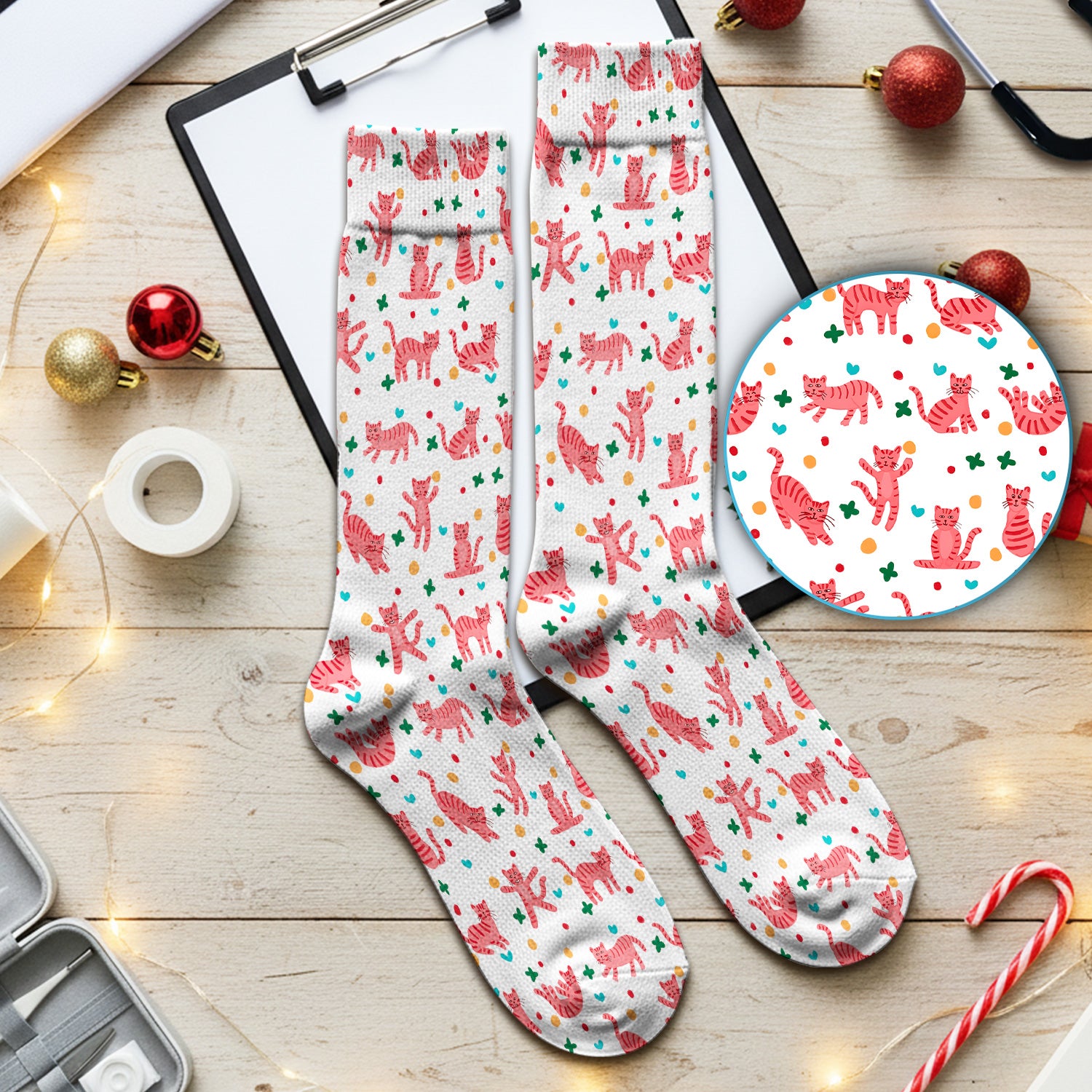 Cute Pink Cat Pattern Medical Socks, Adult Socks for Men and Women