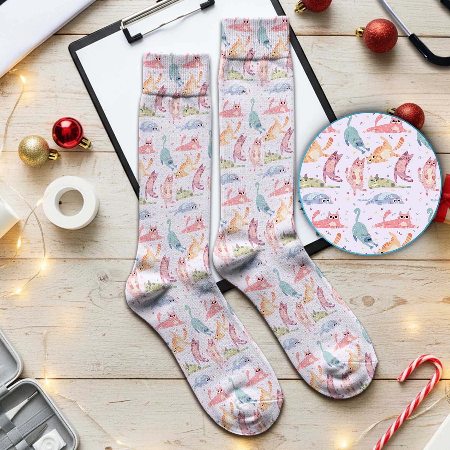 Funny Pastel Cat Pattern Medical Scrub Socks, Breathable Fabrics Nursing Uniform