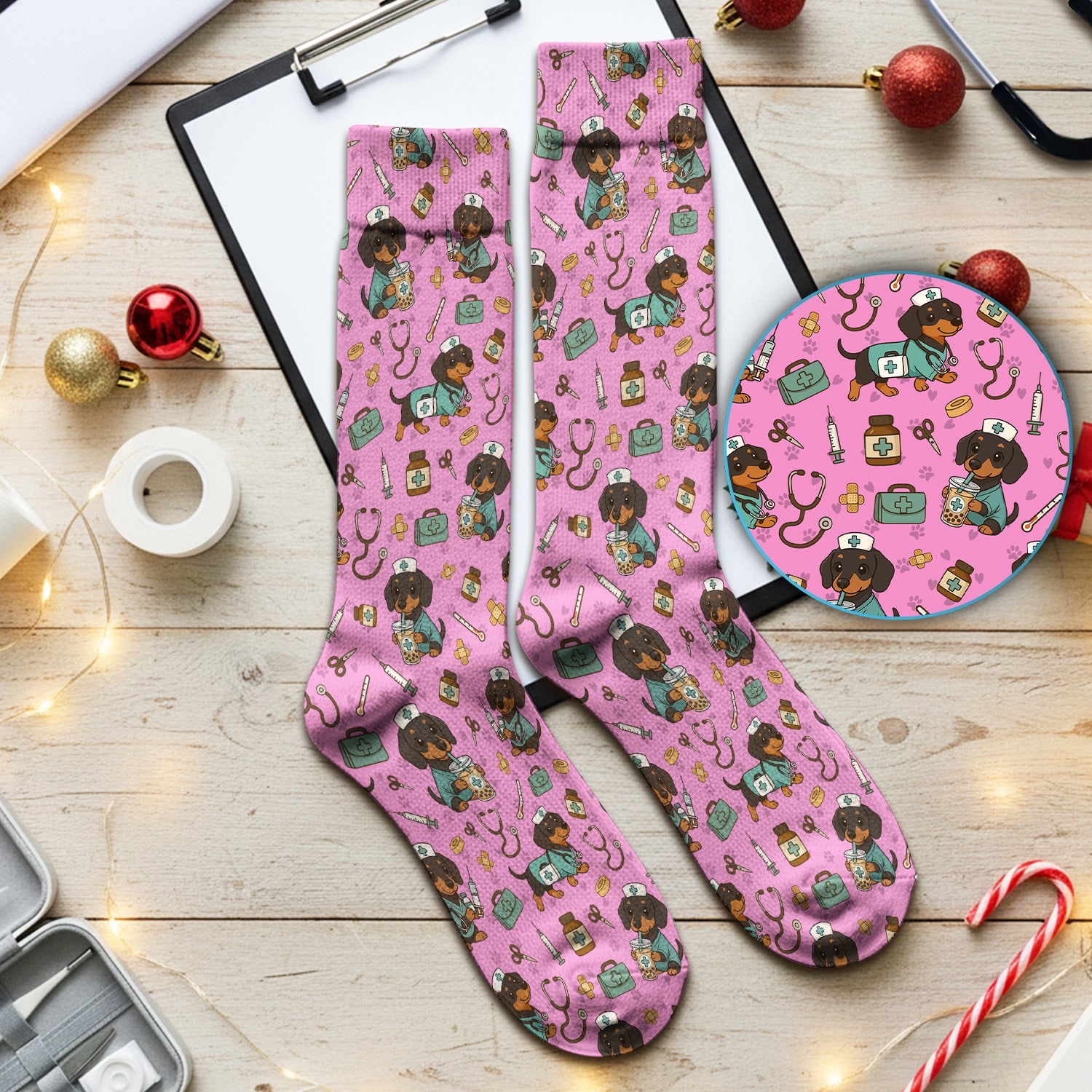 Funny Dachshund Nurse Scrubs Socks - Cute Dog Print Medical Sock - Holiday Nurse Scrub Gift for RN CNA Doctor