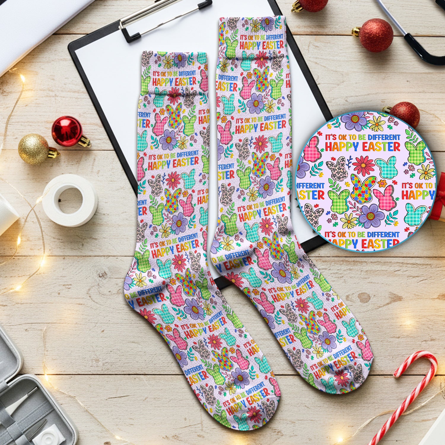 Happy Easter Bunny Floral Print Socks, Breathable Fabrics Medical Uniform