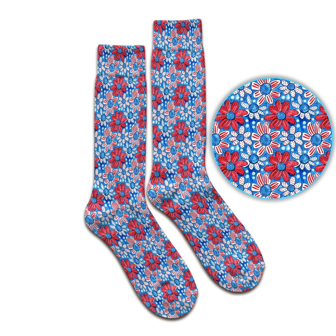 Cute Patriotic Daisy Blossom Repeat Pattern Socks, Adult Socks for Men and Women