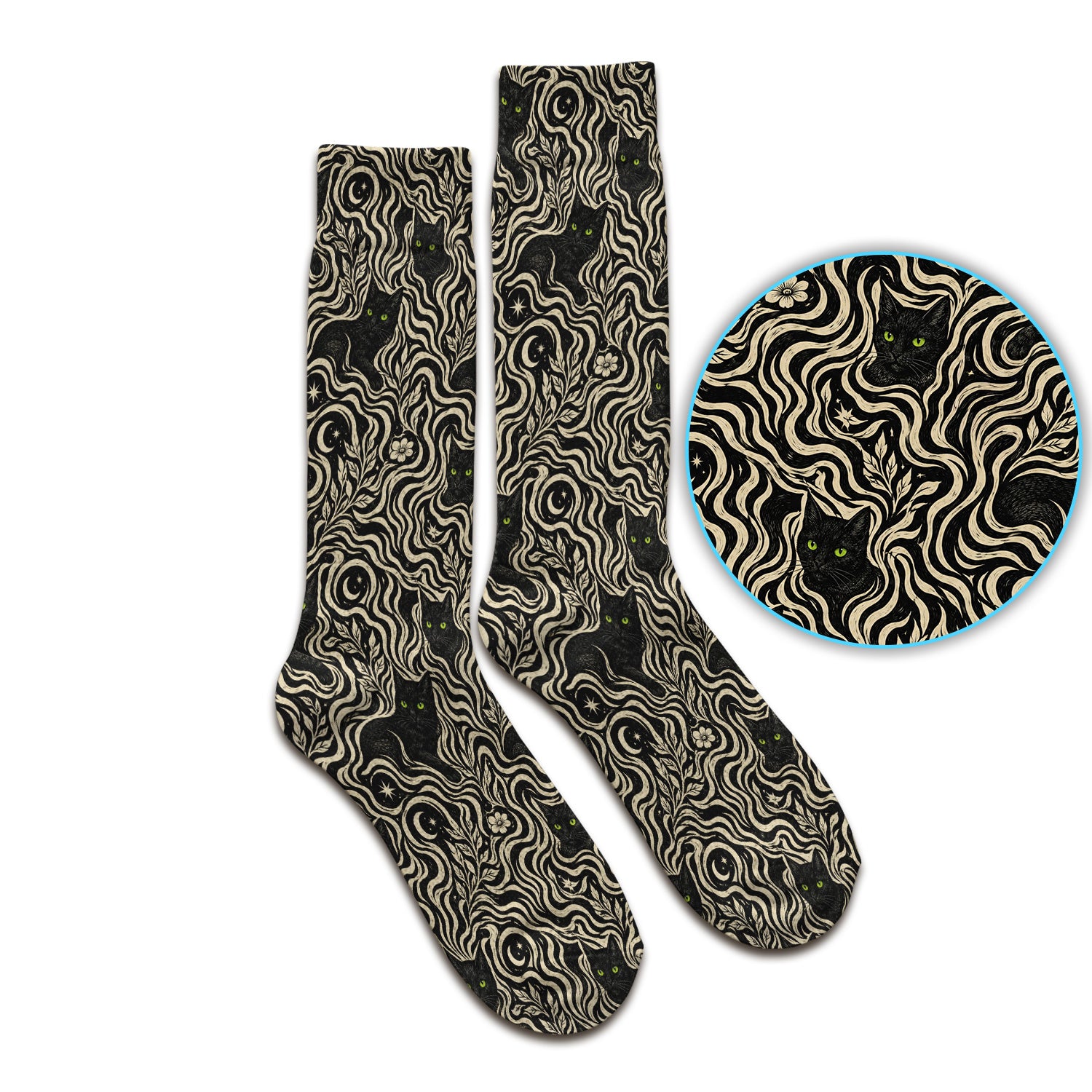Mystical Black Cat Moonlit Pattern Socks, Adult Socks for Men and Women
