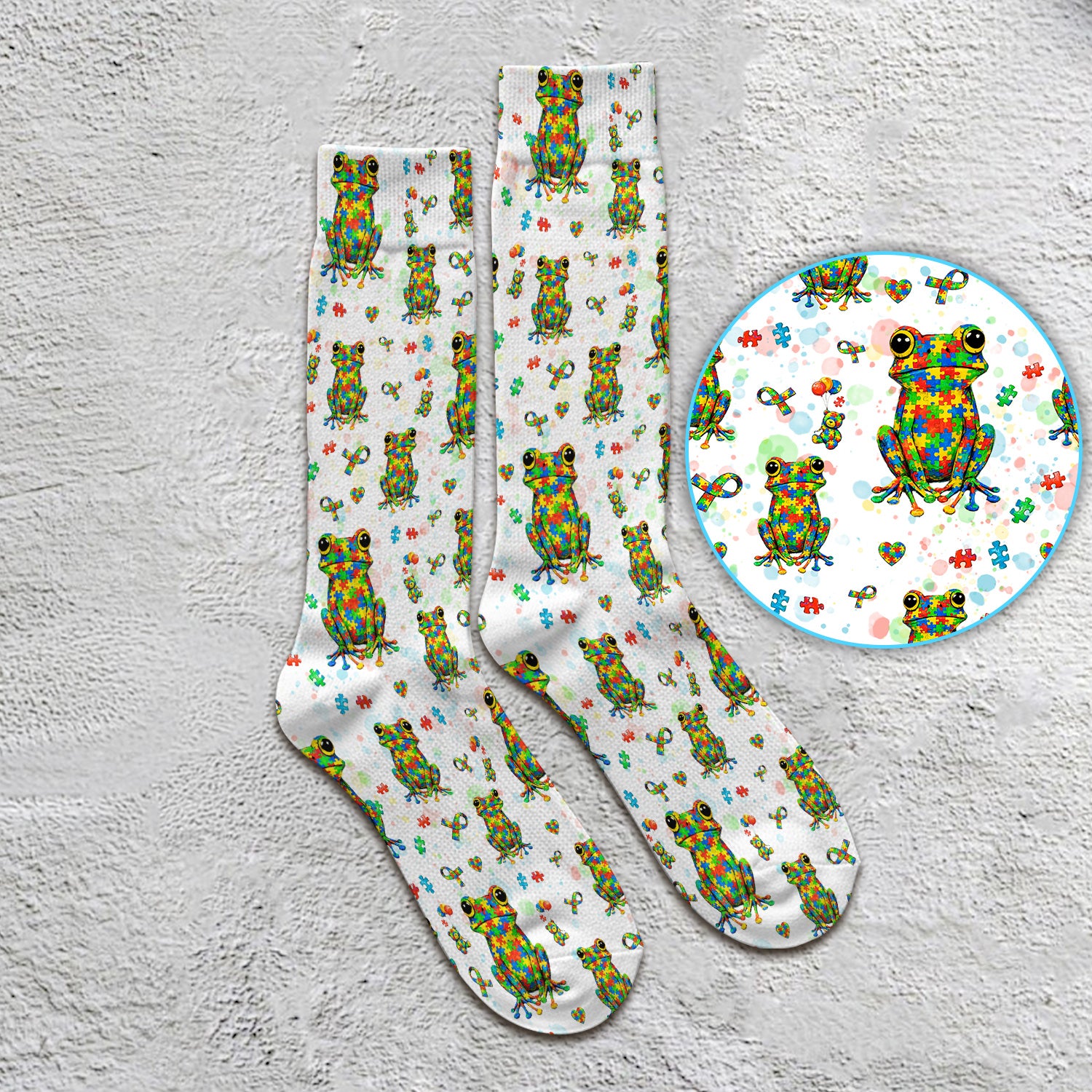 Colorful Autism Puzzle Frog Pattern Socks, Adult Socks for Men and Women