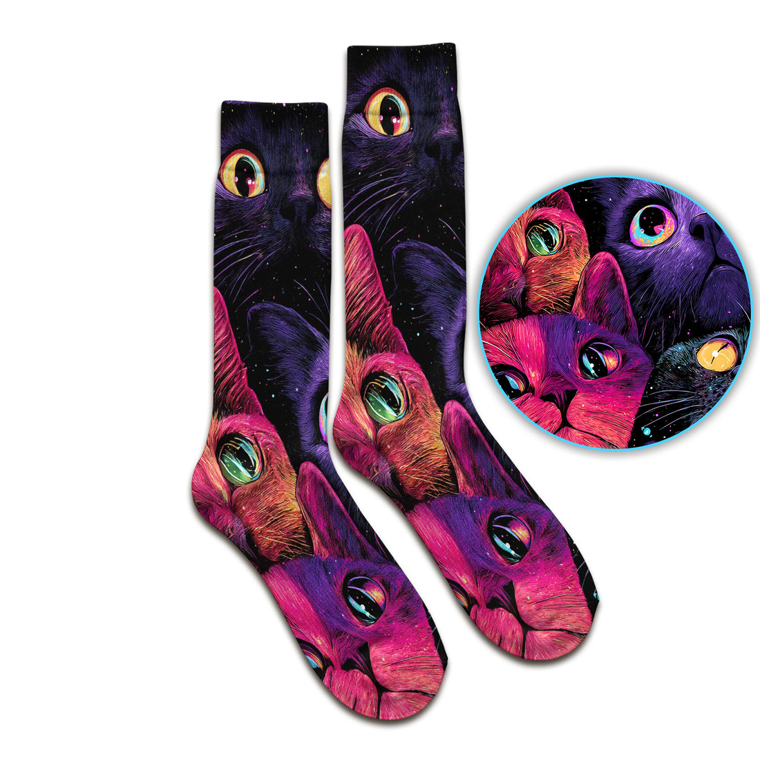 Colorful Neon Cat Faces Socks, Adult Socks for Men and Women