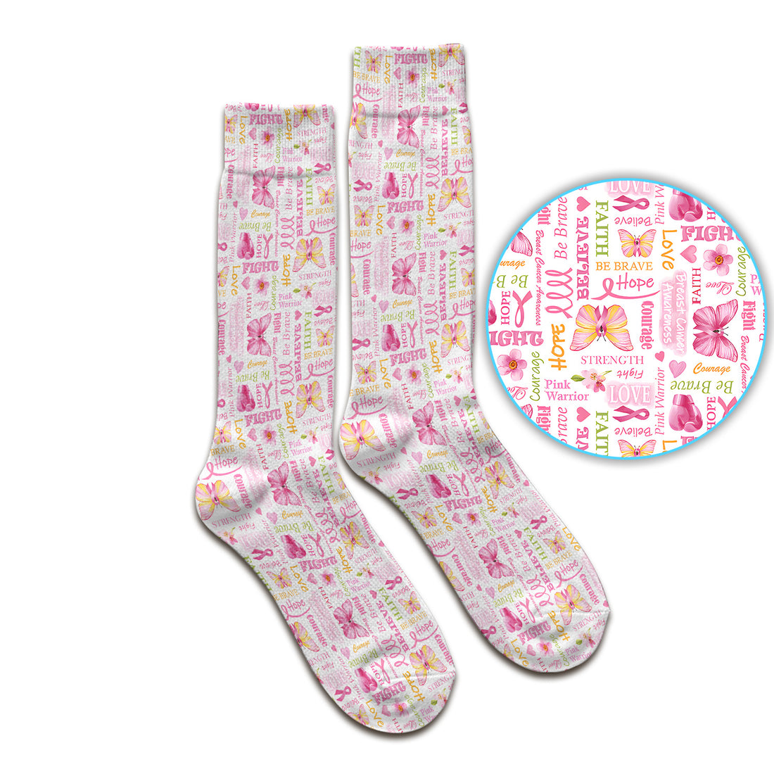 Pink Ribbon Butterfly Print Socks, Adult Socks for Men and Women