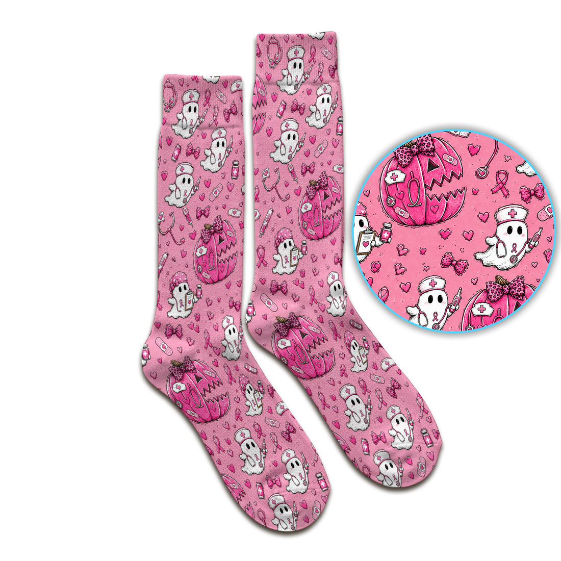 Pink Ribbon Ghost Pattern Socks, Adult Socks for Men and Women