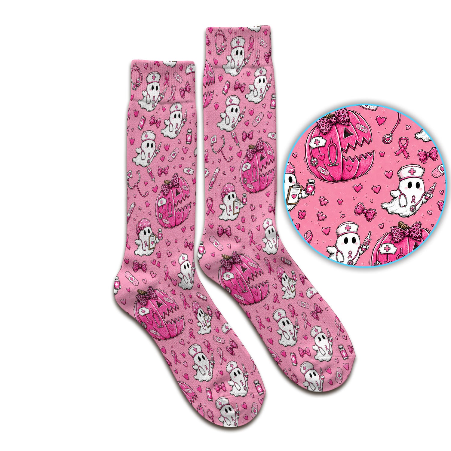Pink Ribbon Ghost Pattern Socks, Adult Socks for Men and Women