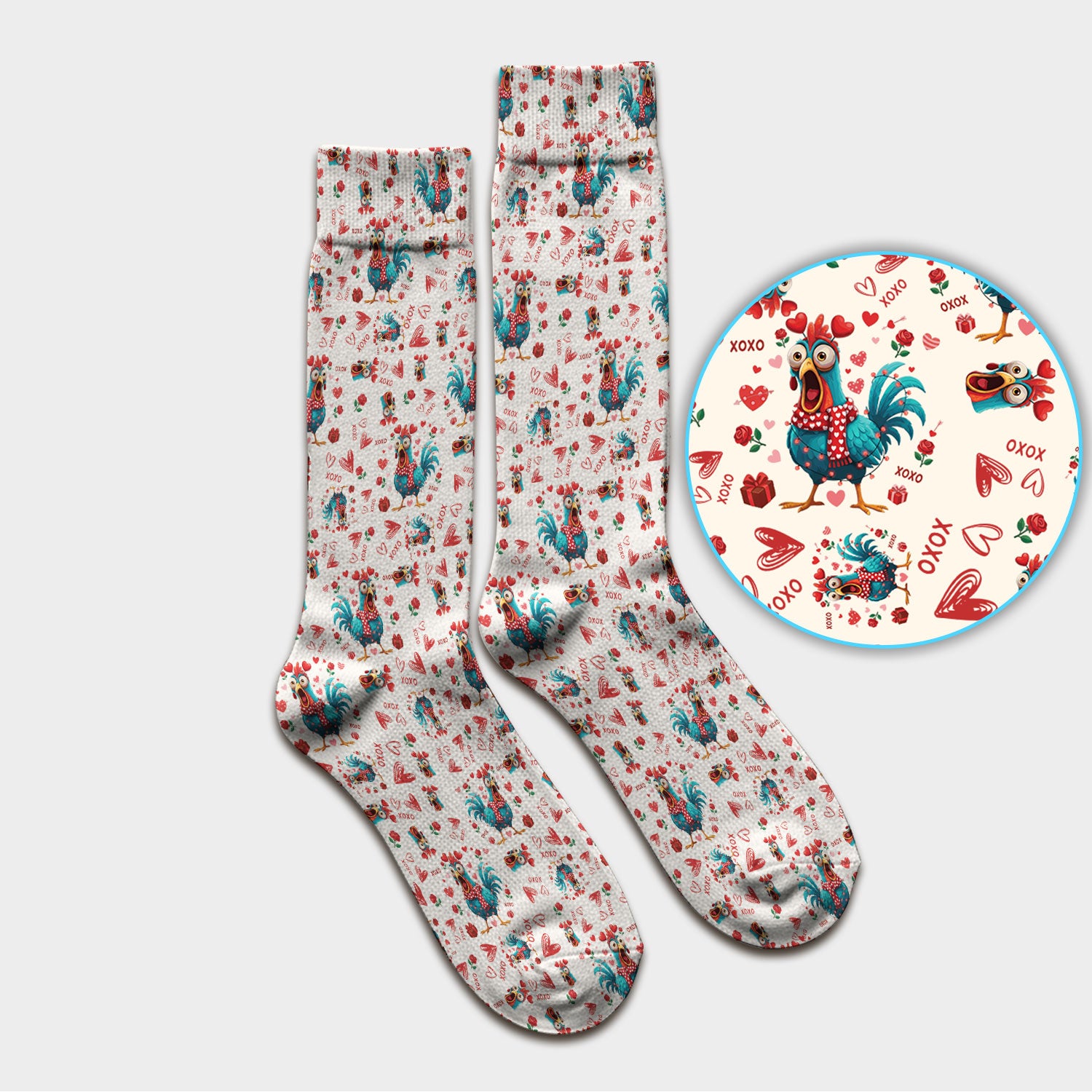 Funny Rooster Valentine Scrub Socks, Cute Chicken XOXO Heart Pattern Nurse Sock, Breathable Fabrics Nursing Uniform