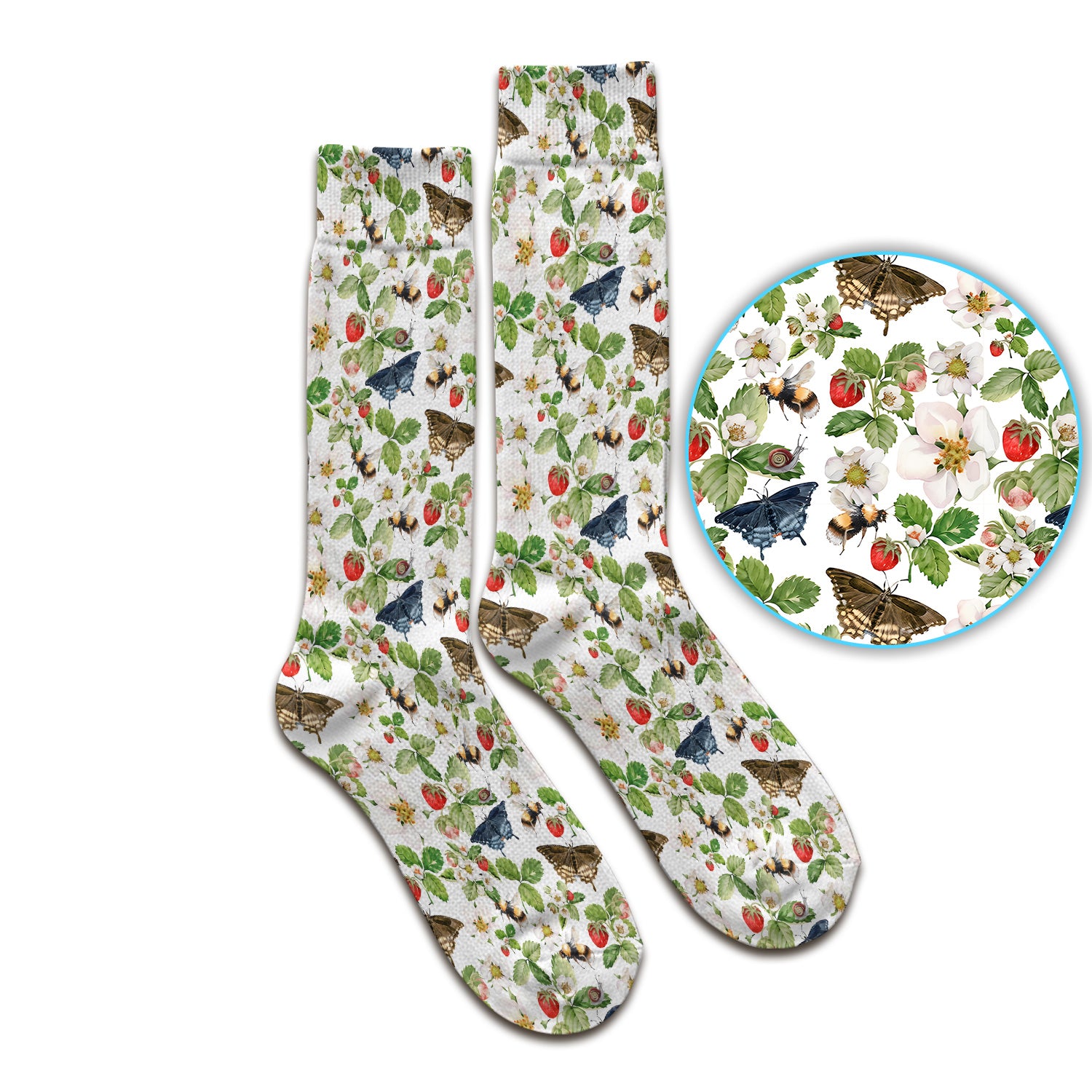 Charming Strawberry Butterfly Garden Pattern Socks, Adult Socks for Men and Women