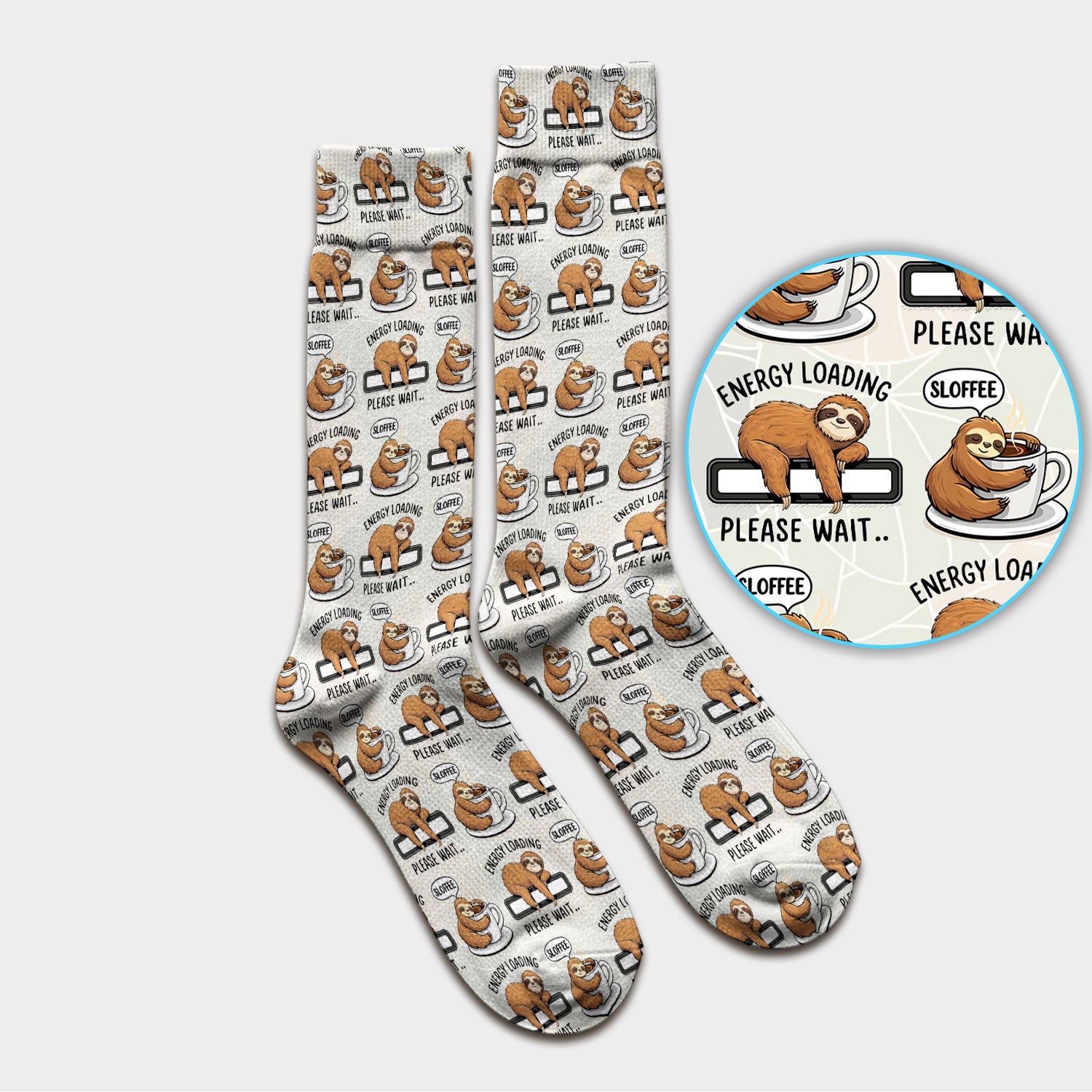 Funny Sloth Coffee Energy Loading Pattern Socks, Adult Socks for Men and Women