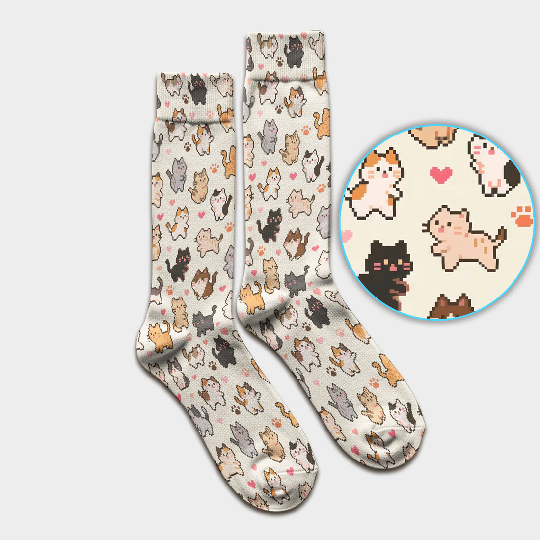 Cute Pixel Cat Heart Paw Pattern Socks, Socks for Nurse Doctor