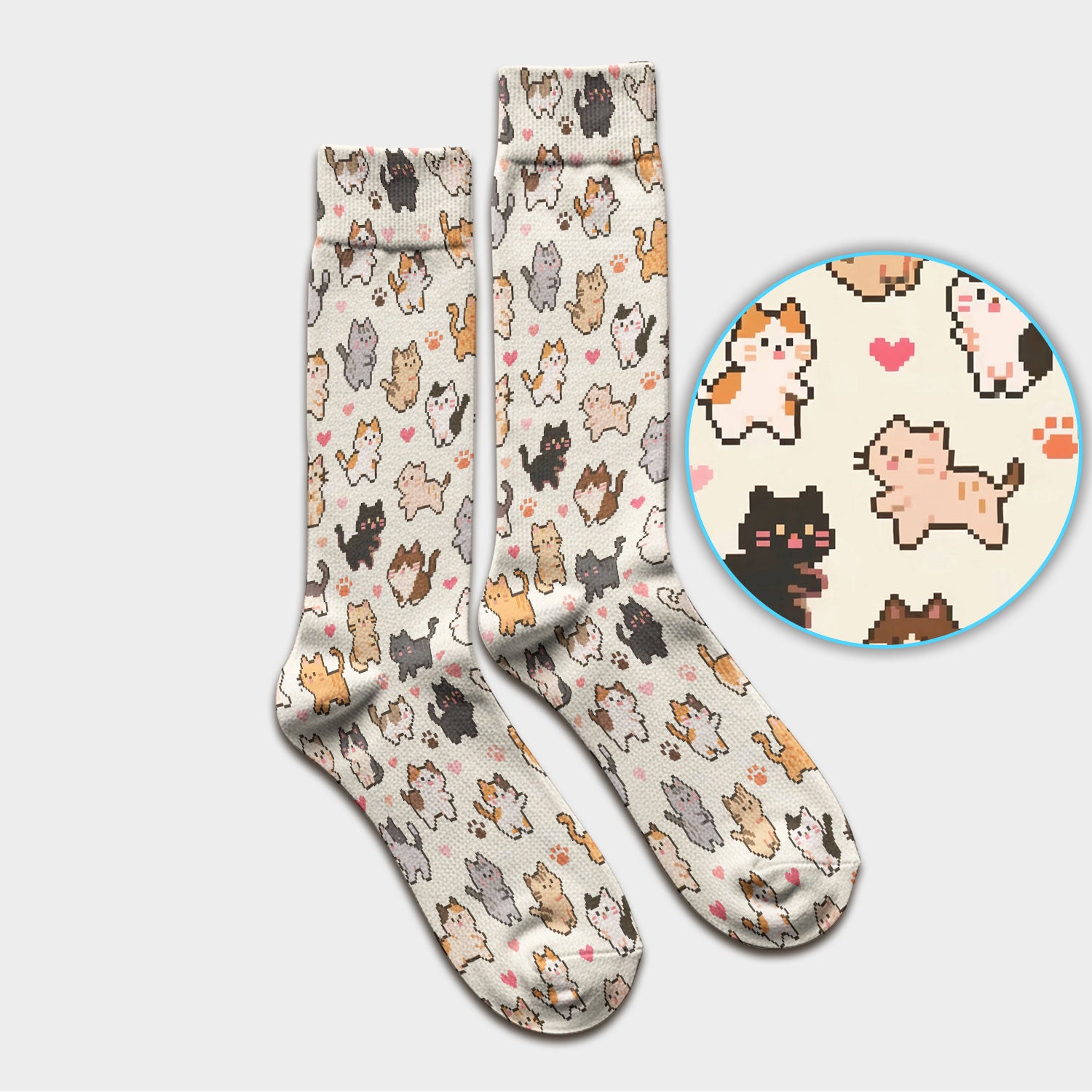 Cute Pixel Cat Heart Paw Pattern Socks, Socks for Nurse Doctor