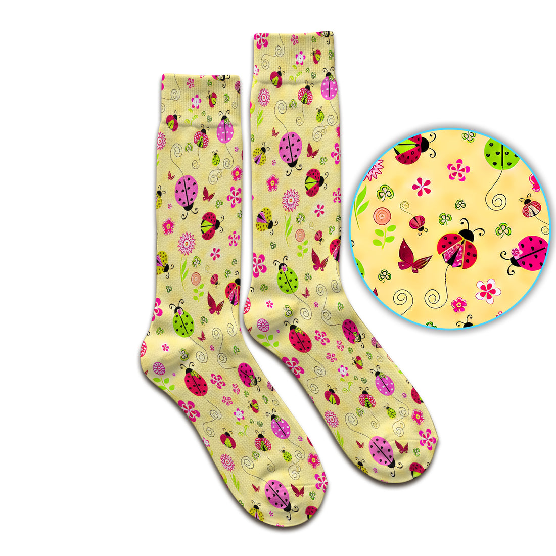 Yellow Ladybug Floral Garden Pattern Socks, Adult Socks for Men and Women