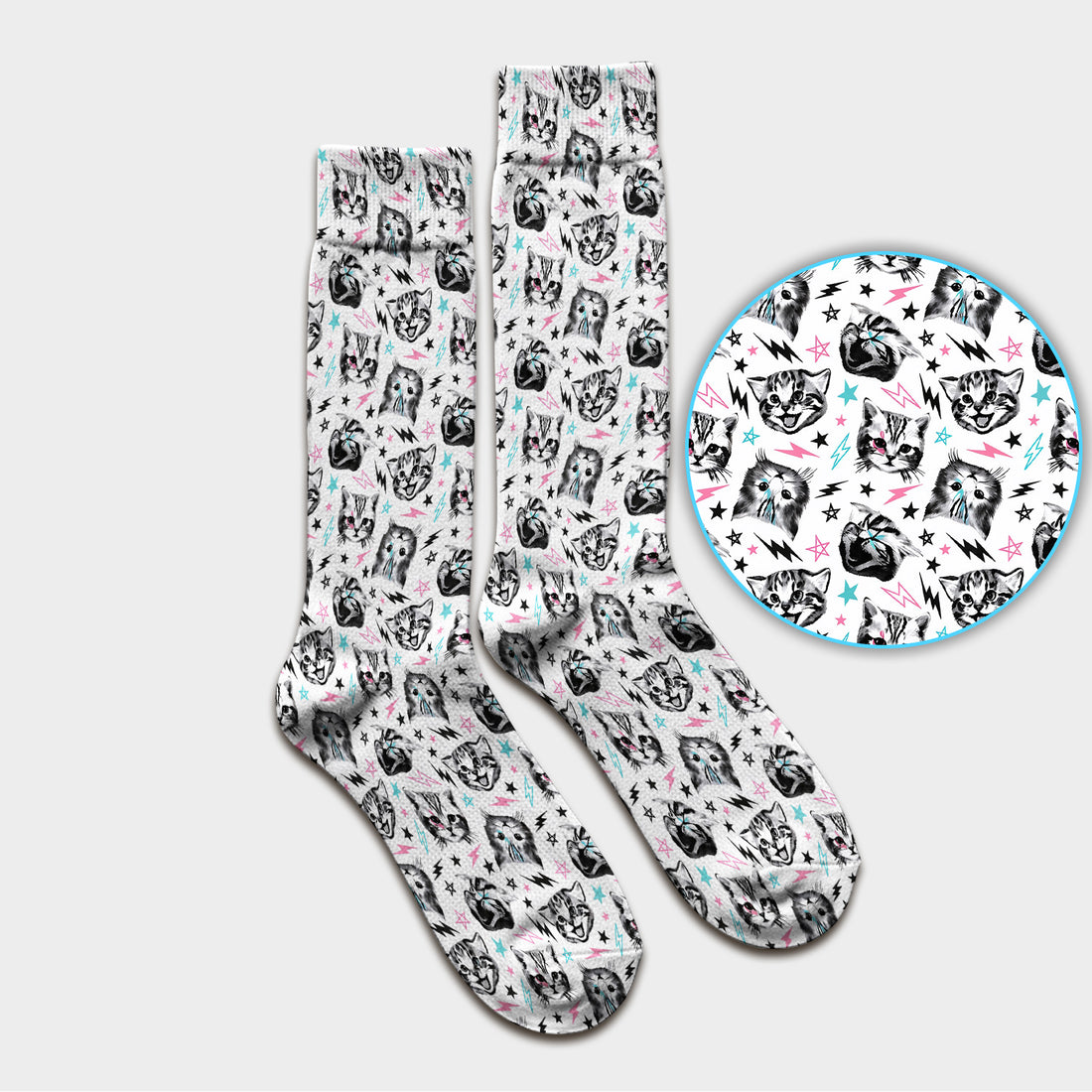 Playful Cat Faces Lightning Pattern Socks, Adult Socks for Men and Women