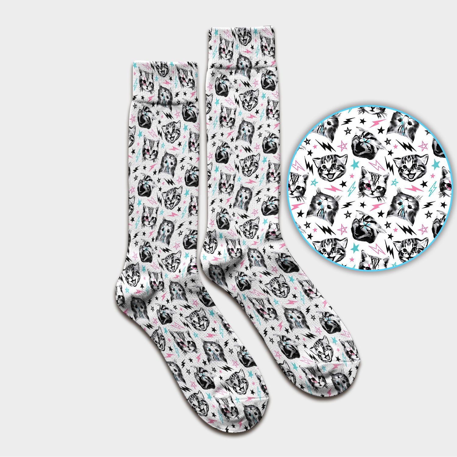 Playful Cat Faces Lightning Pattern Socks, Adult Socks for Men and Women