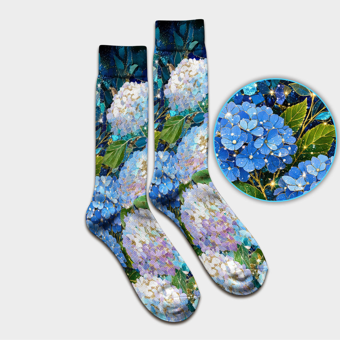 Blue Hydrangea Floral Pattern Socks, Adult Socks for Men and Women