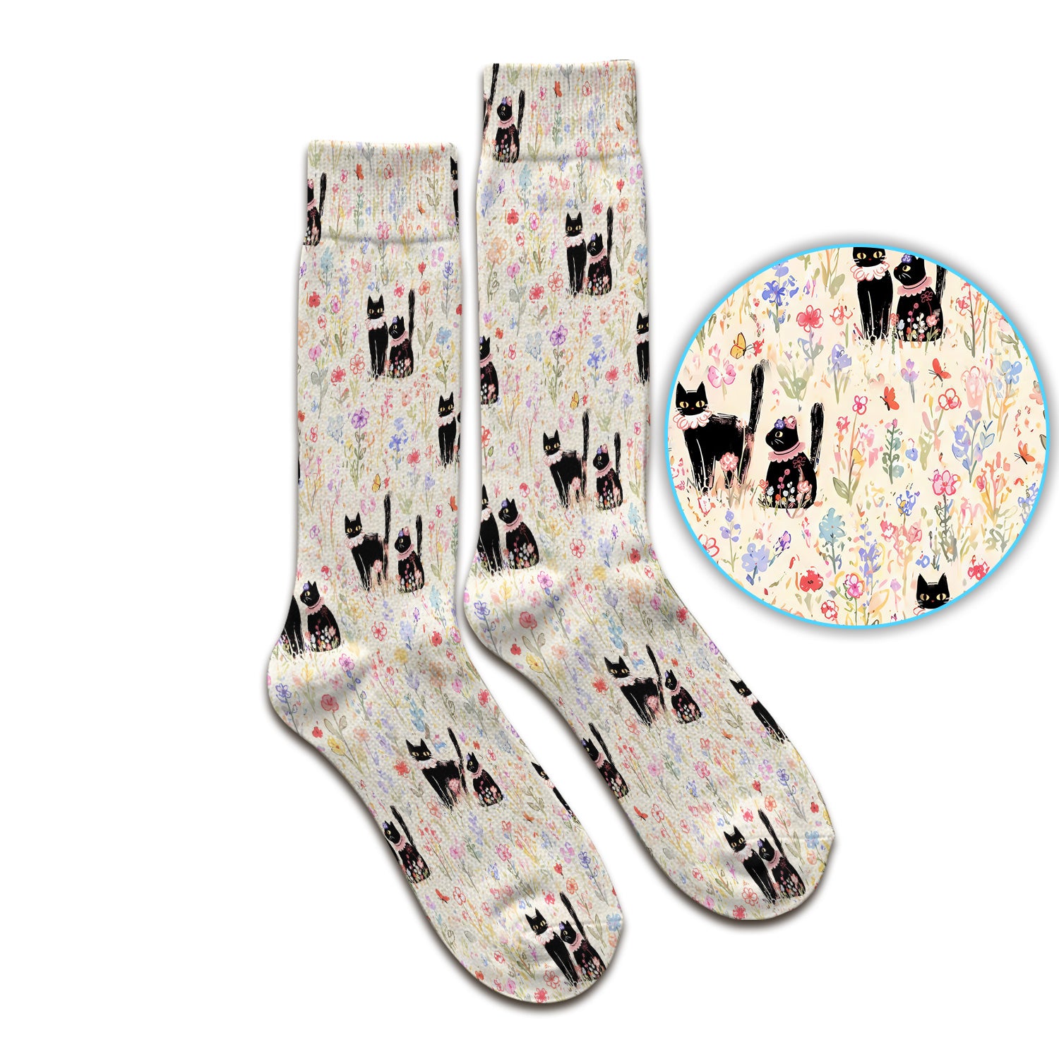 Cute Black Cats Wildflower Garden Pattern Socks, Adult Socks for Men and Women