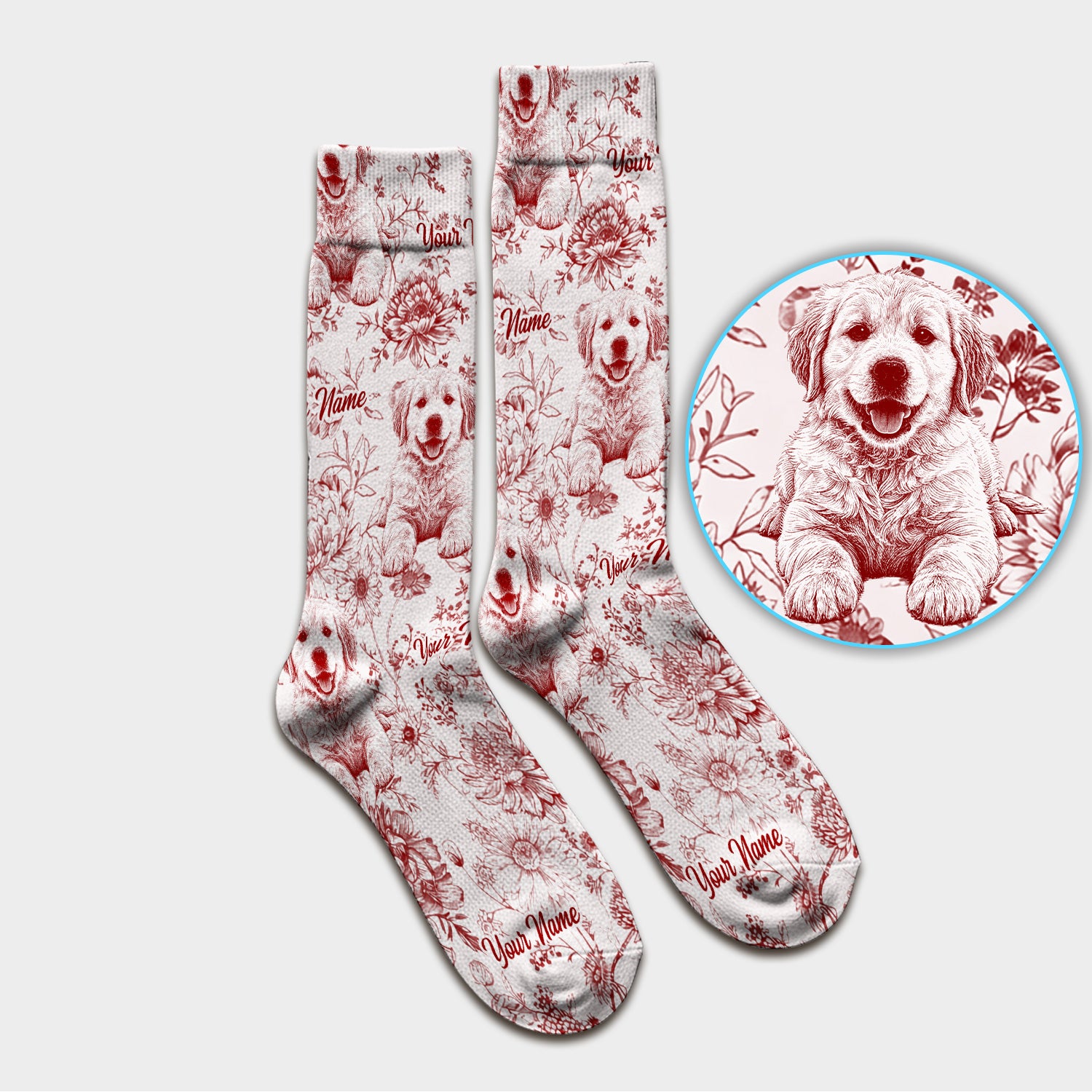 Personalized Custom Pet Photo Name Floral Pattern Socks, Adult Socks for Men and Women