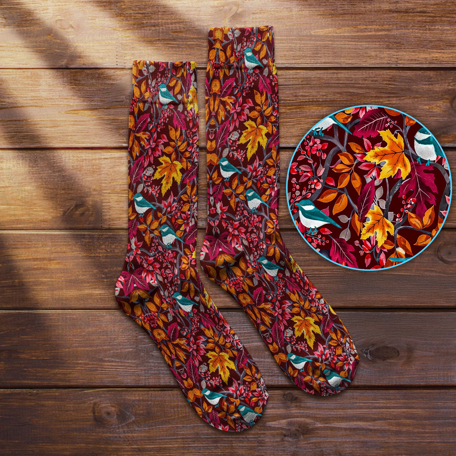 Autumn Leaves Blue Bird Pattern Print Socks, Breathable Fabrics Medical Uniform