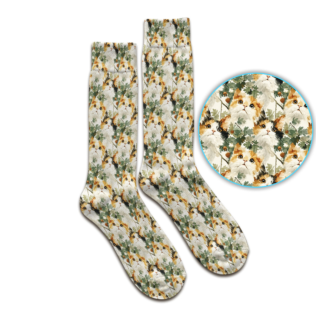 Fluffy Calico Cat Oak Leaves Pattern Socks, Adult Socks for Men and Women