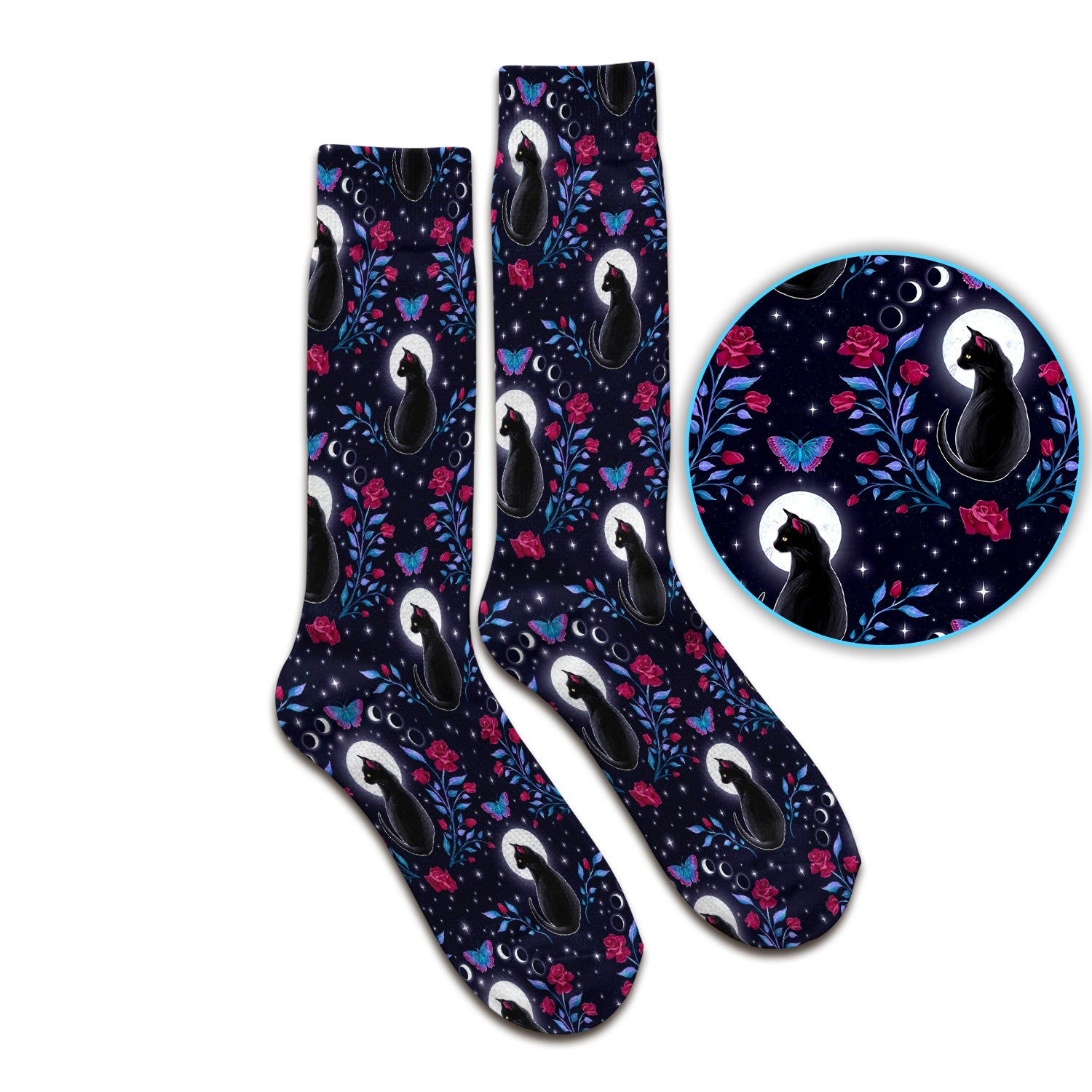 Black Cat Moon Rose Print Socks, Adult Socks for Men and Women